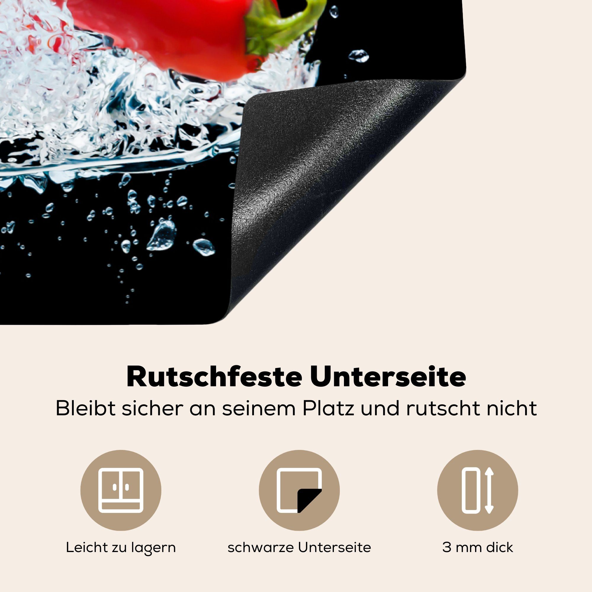 - Vinyl, 81x52 Ceranfeldabdeckung für - MuchoWow - Paprika Gemüse Induktionskochfeld die Schutz Blatt, - Herdblende-/Abdeckplatte tlg), küche, cm, (1 Wasser Schwarz