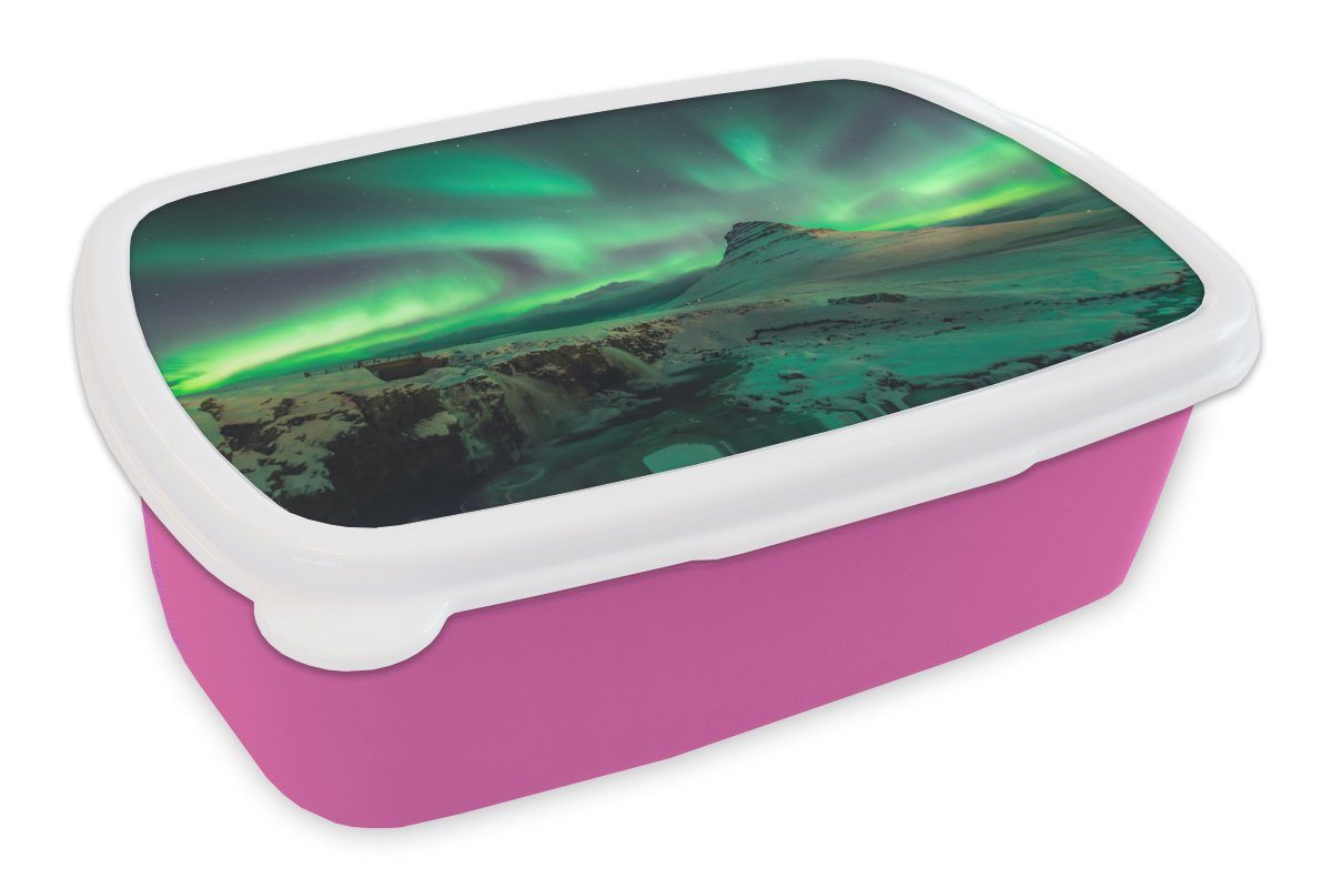 Berge Brotdose Lunchbox MuchoWow Nordlichter (2-tlg), für Kinder, Norwegen, Snackbox, rosa Brotbox Erwachsene, Mädchen, - Kunststoff, - Kunststoff