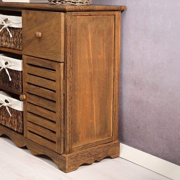 Melko Kommode Highboard Kommode Braun Grau inkl. Schublade & Körbe Vintage Shabby Design Schrank Regal Sideboard Anrichte Mehrzweckschrank Flur (Stück), Paulownienholz