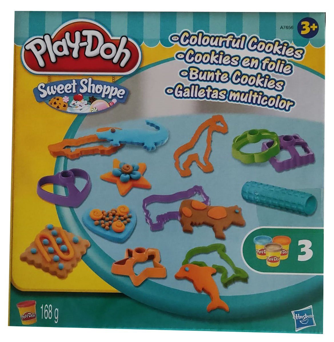 Hasbro Knete Hasbro A7656 Play-Doh Knete Sweet Shoppe Bunte (Packung, 12-tlg., 3 Dosen Knete, 8 Ausstechformen und ein Knetroller)