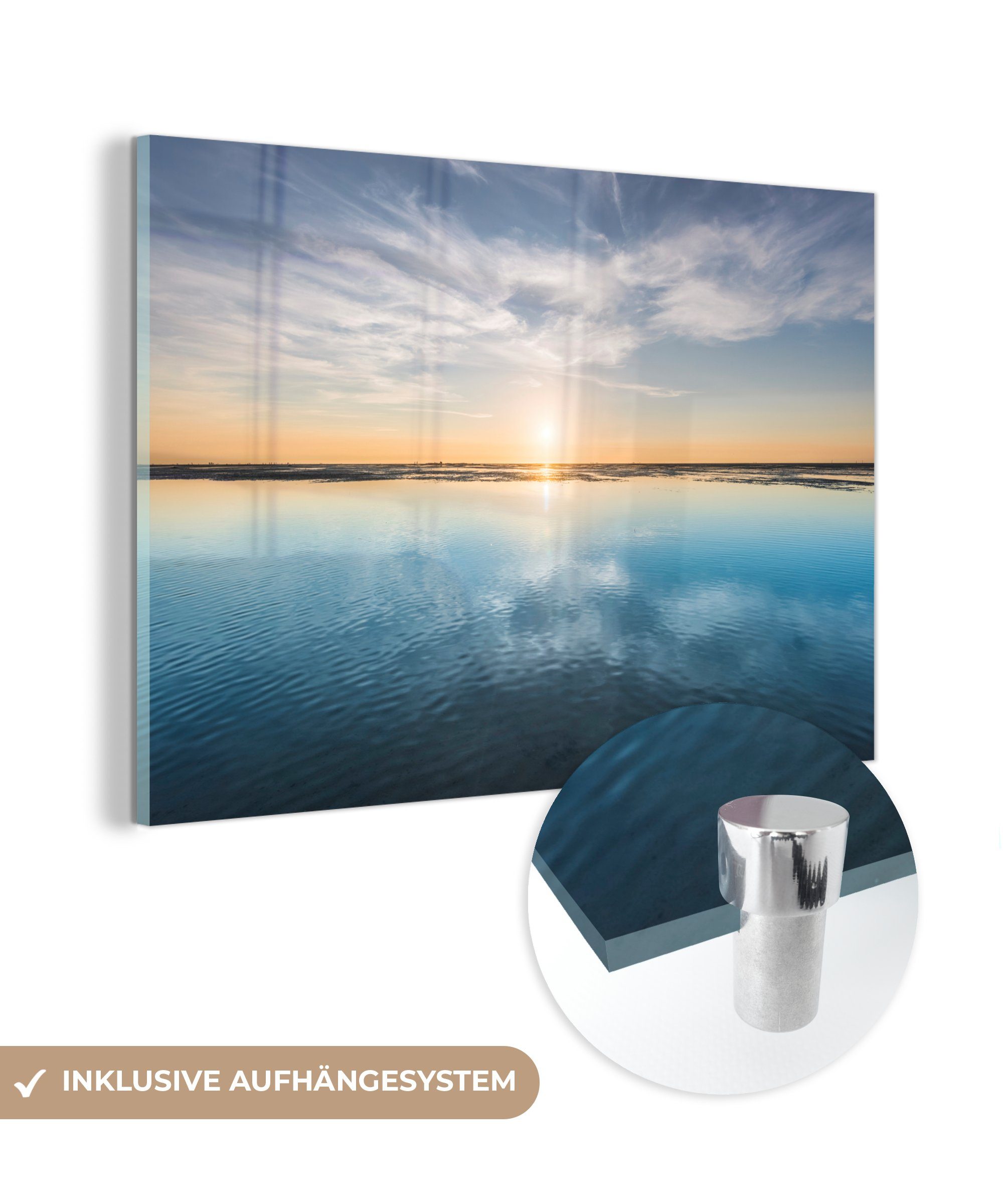 MuchoWow Acrylglasbild Meer - Wolken - Sonne, (1 St), Glasbilder - Bilder auf Glas Wandbild - Foto auf Glas - Wanddekoration