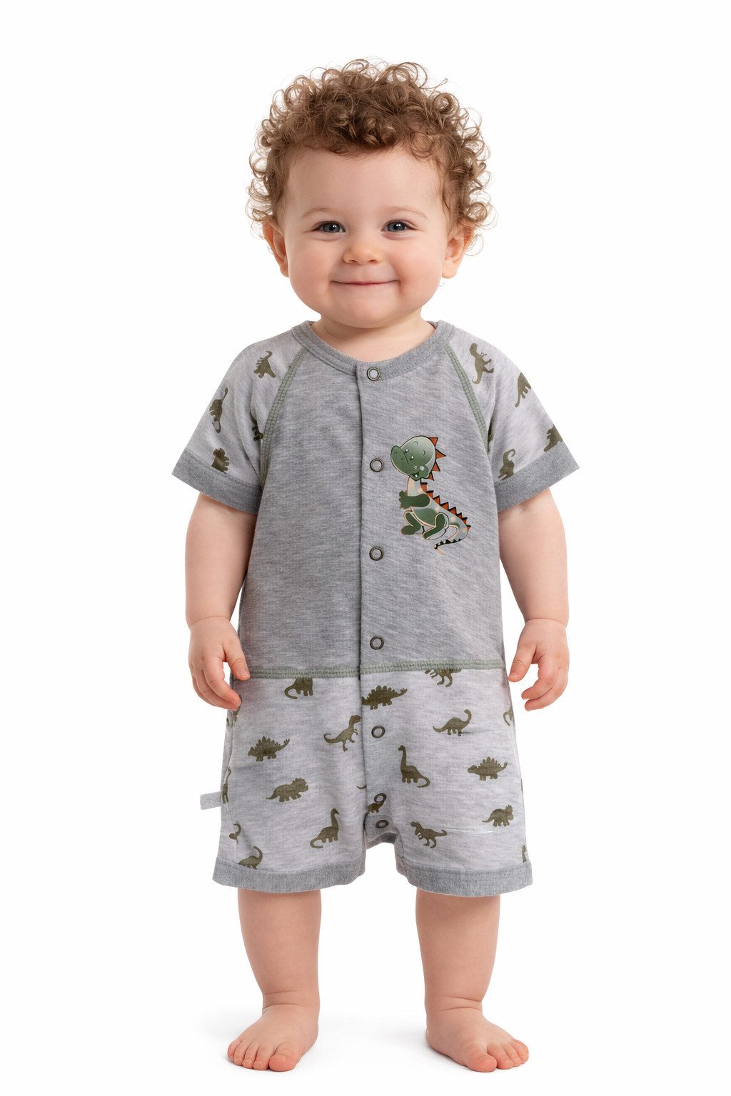 La Bortini Spieler Shorty Baby Spieler kurzer Strampler Romper in Grau mit Dino-Aufdruck aus reiner Baumwolle, 44 50 56 62 68 74 80 86