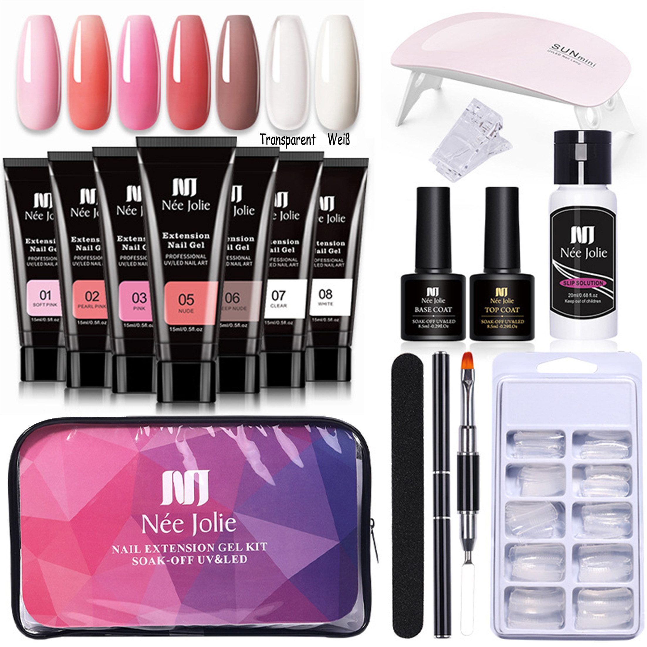 KINSI Nagellack-Set Nagellack-Set 15ml 7 Farben Nagelverlängerung Set 16 Stück, Nagelwerkzeuge, Nagellampe