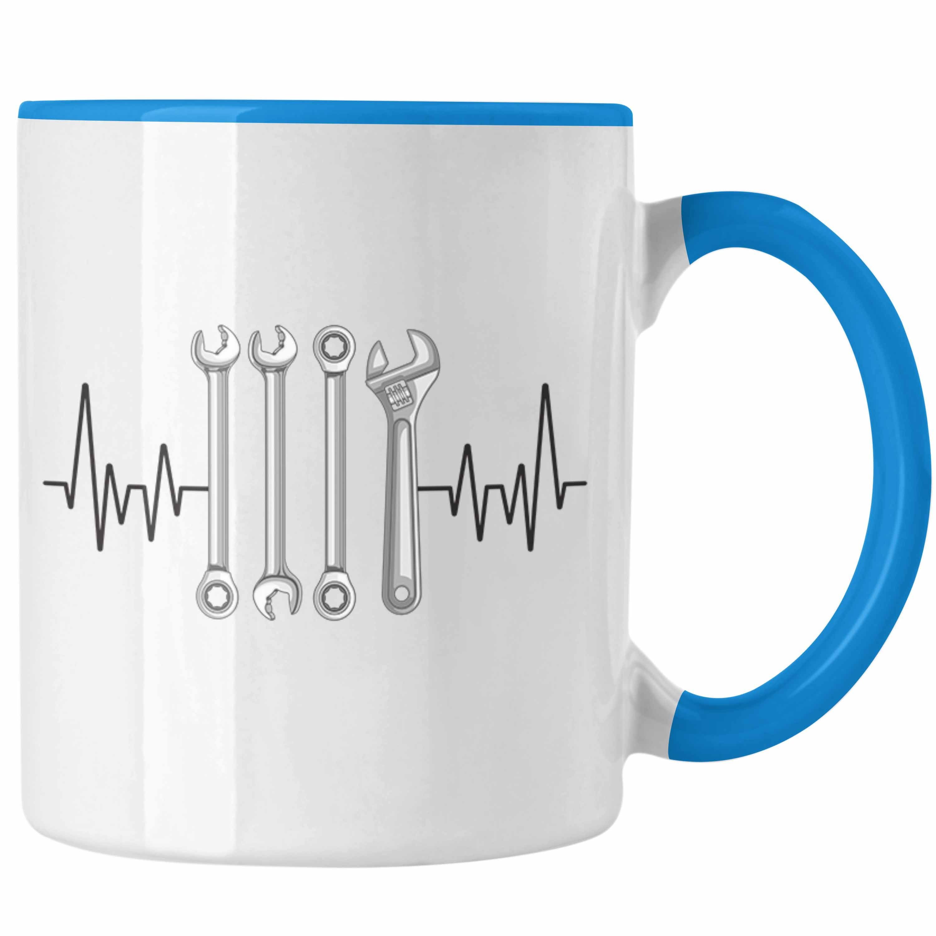 Trendation Tasse Trendation - Handwerker Herzschlag Tasse Geschenk für Mechaniker Handw Blau