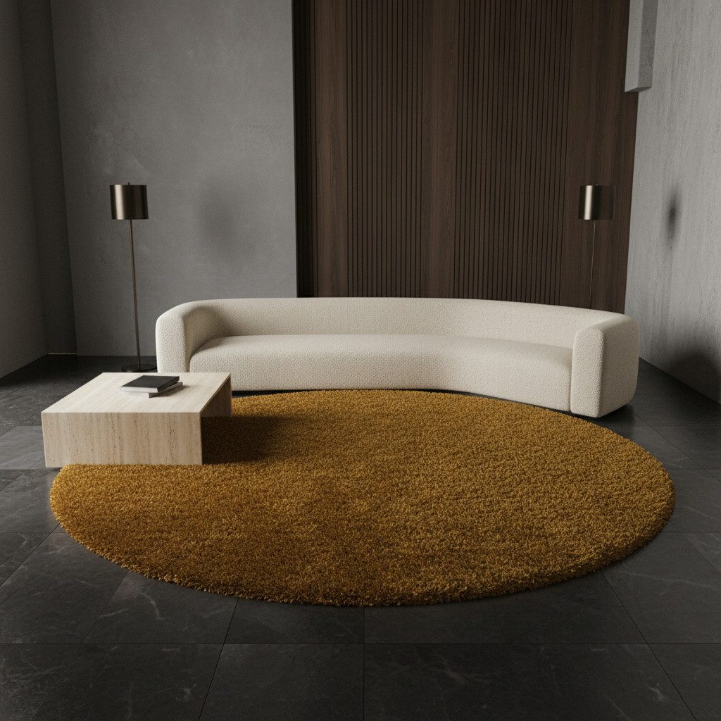 KADIMA DESIGN Teppich SPREE Shaggy Langflor Wohnzimmer Schlafzimmer Waschbar Flauschig, Rund, Höhe: 32 mm, Gold, 80x80 cm, Wohnzimmerteppich Strapazierfähig Waschbar