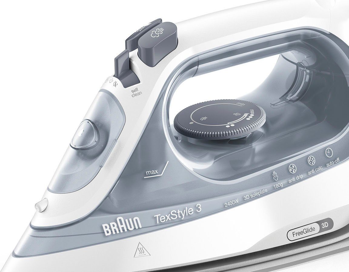 Braun Dampfbügeleisen TexStyle 3 SI 3054 GY - 2.400 W, 180 g Dampfstoß, 270 ml Wassertank, 2400 W, 45 g Dampfmenge, SuperCeramic Bügelsohle, 35 Sek. Aufheizzeit