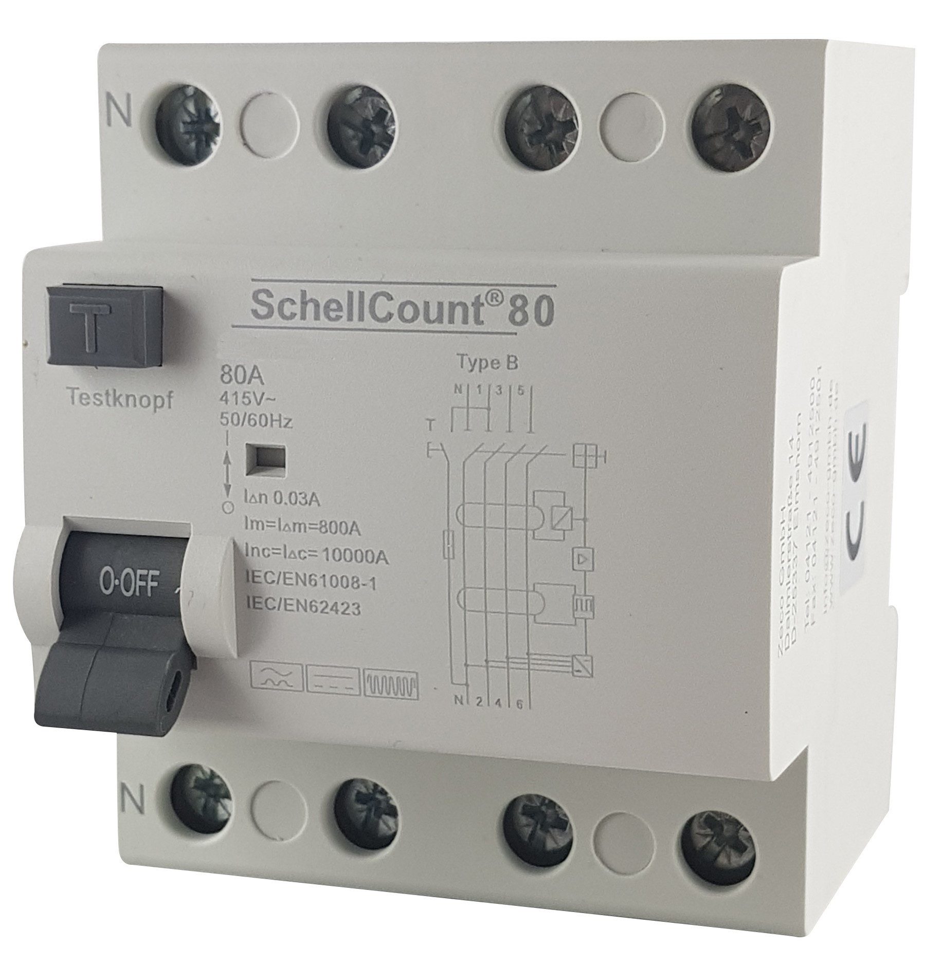 Schellcount Schalter Fehlerstromschutzschalter FI-Schalter RCD Typ B 80A 30mA 10kA 4-polig