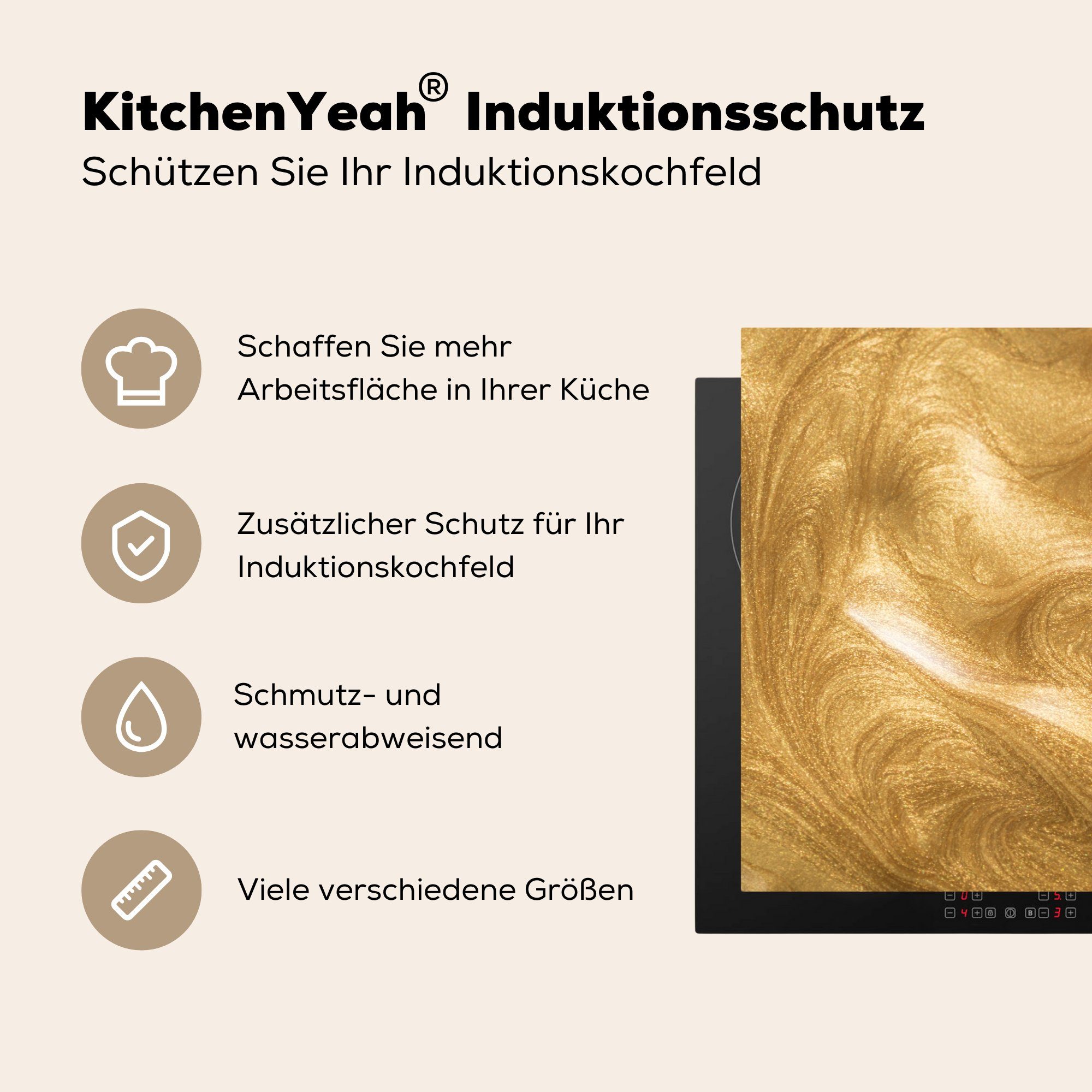 MuchoWow Herdblende-/Abdeckplatte Ein tlg), cm, für die Hintergrund goldener Ceranfeldabdeckung mit Schutz Vinyl, 81x52 (1 küche, Induktionskochfeld Glitzern
