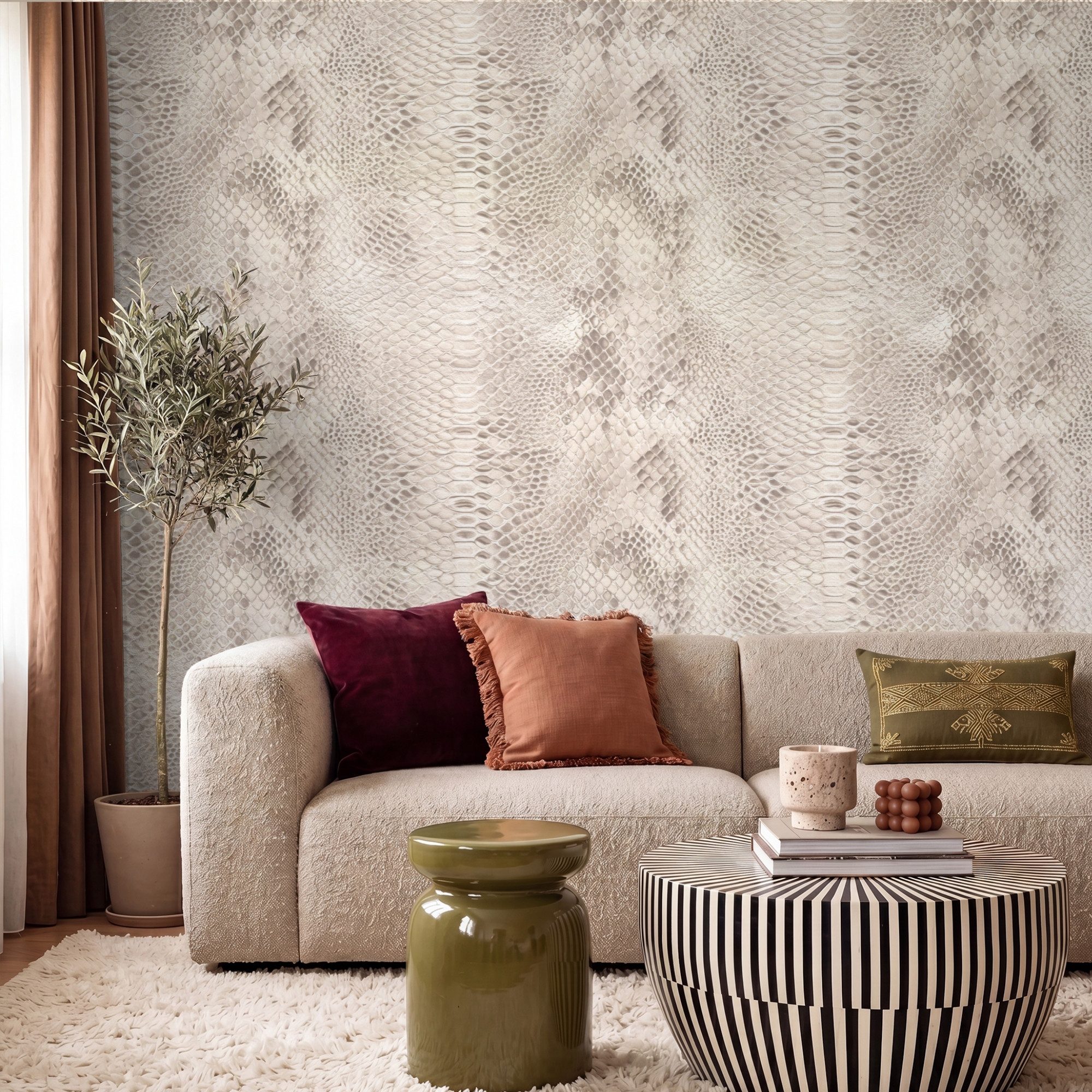 OnlyWow Fototapete Schlange - Muster - Beige, Matt, bedruckt, Wandtapete, Wohnzimmer, Vinyl Tapete 260x220cm