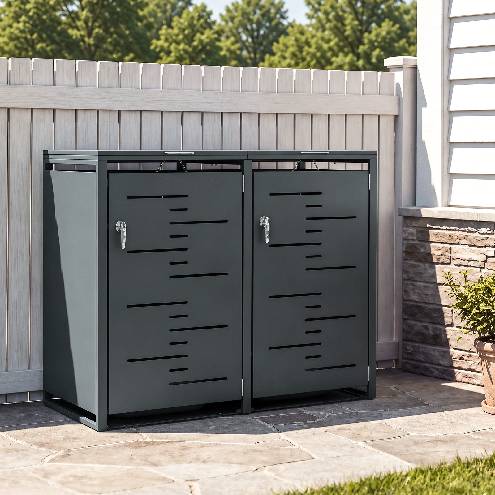 SoBuy Mülltonnenbox OGS64, 2er Set 240l, Metallverkleidung abschließbar (2er Set), Robuste Stahlkonstruktion mit Gasdruckfedern und Kettensicherung