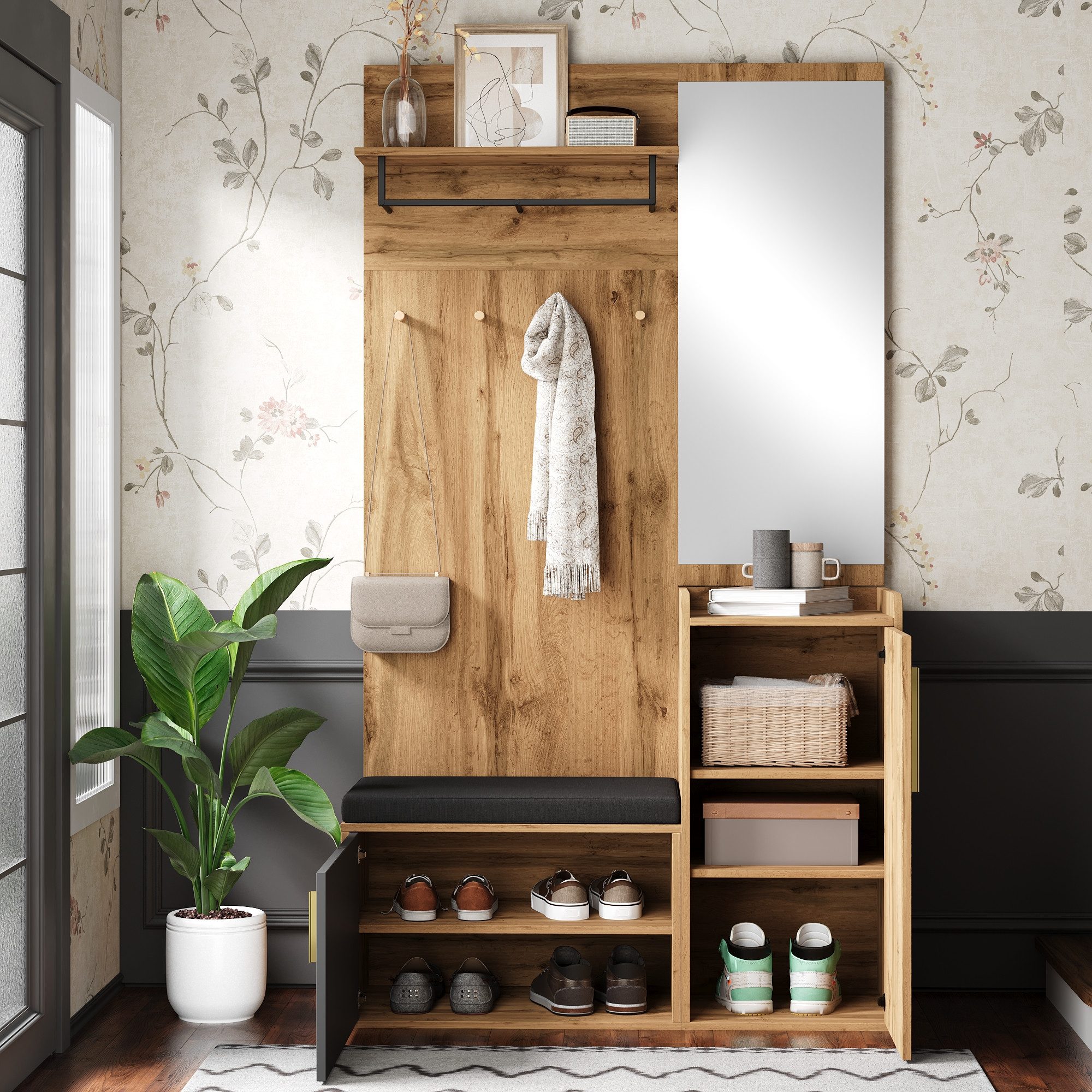 KLAM HOME Garderoben-Set Garderobenset mit Spiegel, Sitzbank und Schuhschrank, (Elegante Kompaktgarderobe in Holzoptik mit Stauraumsystem), Multifunktionales Flurmöbel für moderne Wohnräume