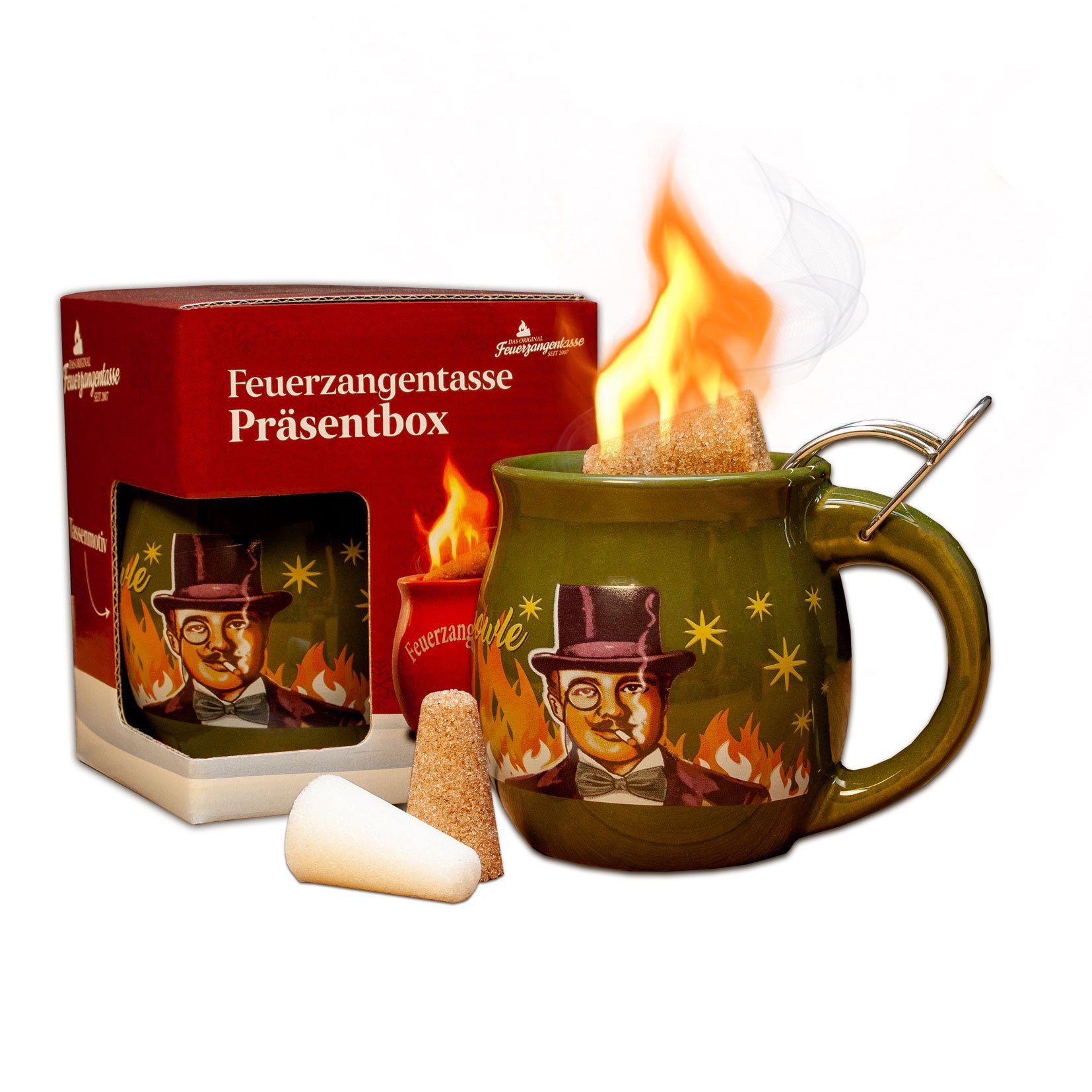 Feuerzangentasse Bowle-Set Feuerzangentasse 1er-Set (Feuerzangenbowle Set, 5-tlg., 1x Feuerzangentasse, 3x Zimtzuckerhütchen, 1x Rezeptheftchen), hitzebeständige Keramik, Edelstahl-Feuerzange