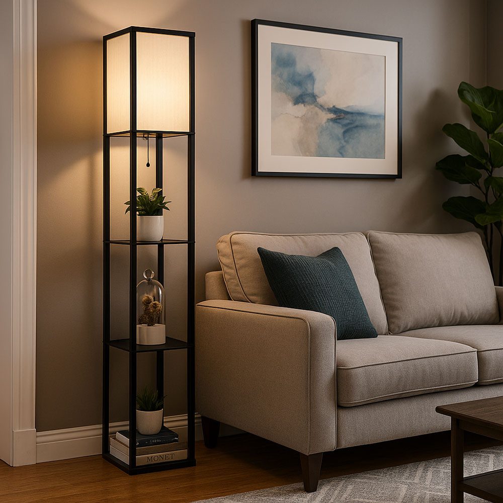 GLOBO LIGHTING Stehlampe, Leuchtmittel nicht inklusive, Stehlampe Standleuchte Leselampe Holzregal Textil schwarz