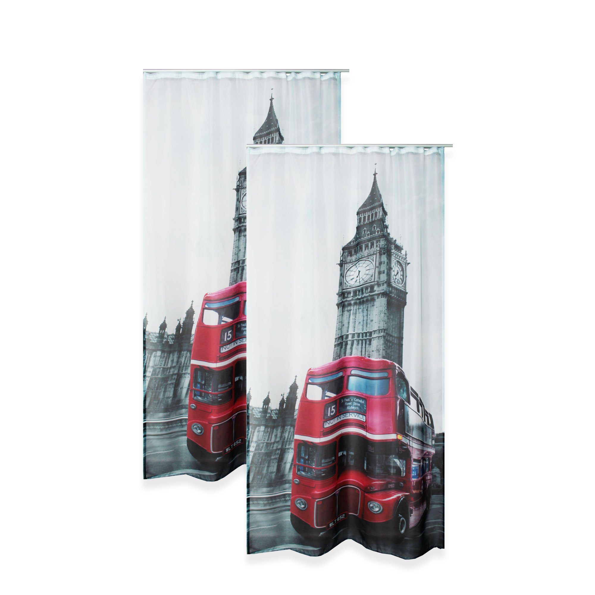 Gardine Vorhang 2er Set Digitaldruck halbtransparent City Motiv 140x245 cm, Haus und Deko, Kräuselband (1 St), halbtransparent, Polyester London