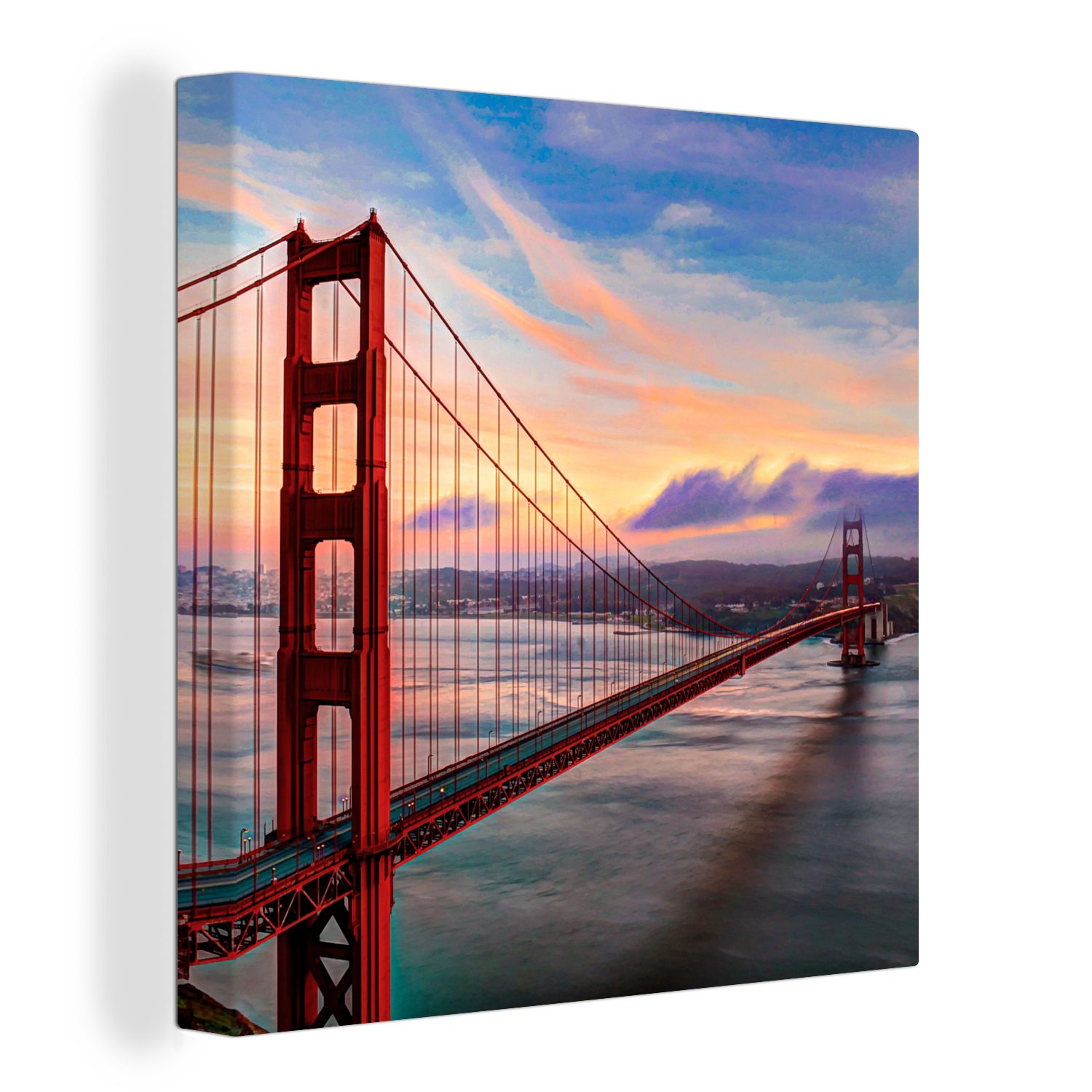 OneMillionCanvasses® Leinwandbild Farbenfroher Sonnenuntergang über der Golden Gate Bridge in San, (1 St), Leinwand Bilder für Wohnzimmer Schlafzimmer