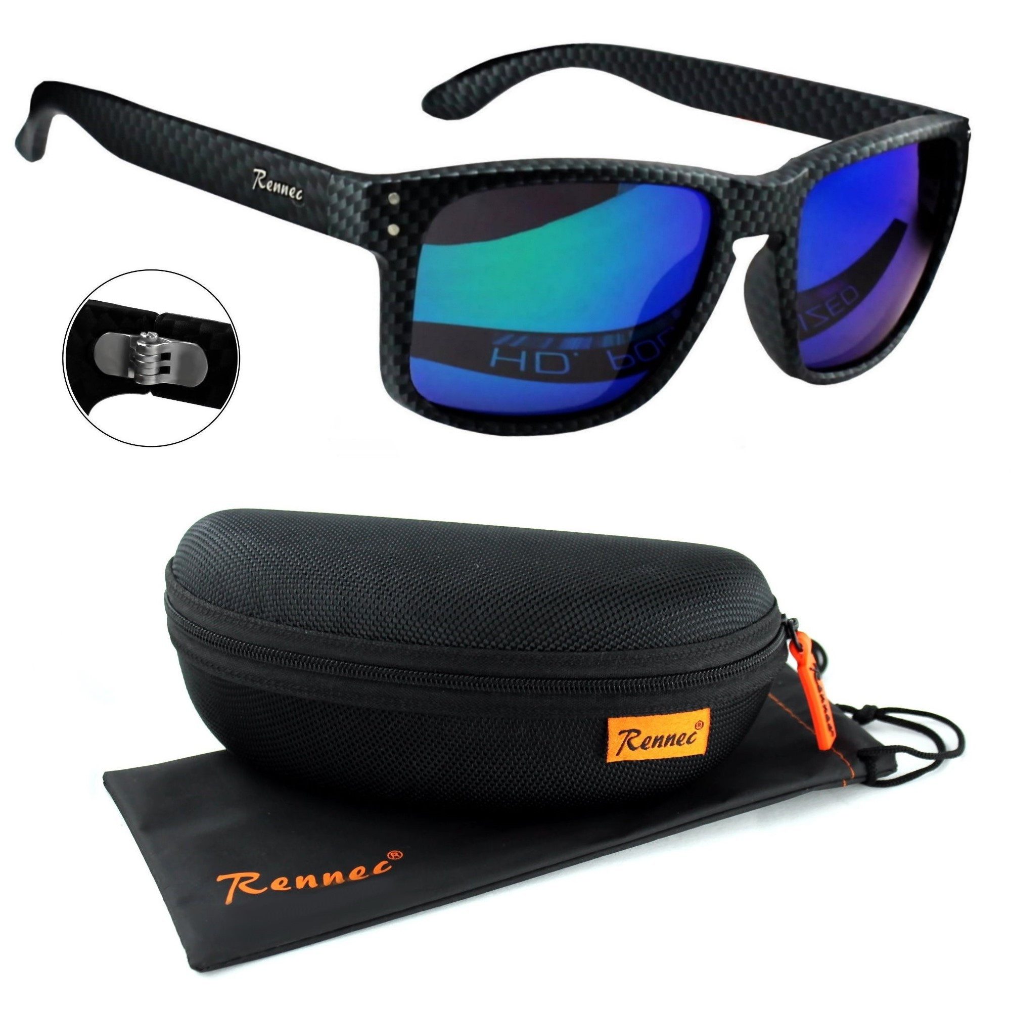 Rennec Sonnenbrille Herren Polarisiert Rechteckig Carbon Optik mit Hardcase Gläser UV400 Getönt oder Verspiegelt, Edelstahl Bügelgelenke 3in2