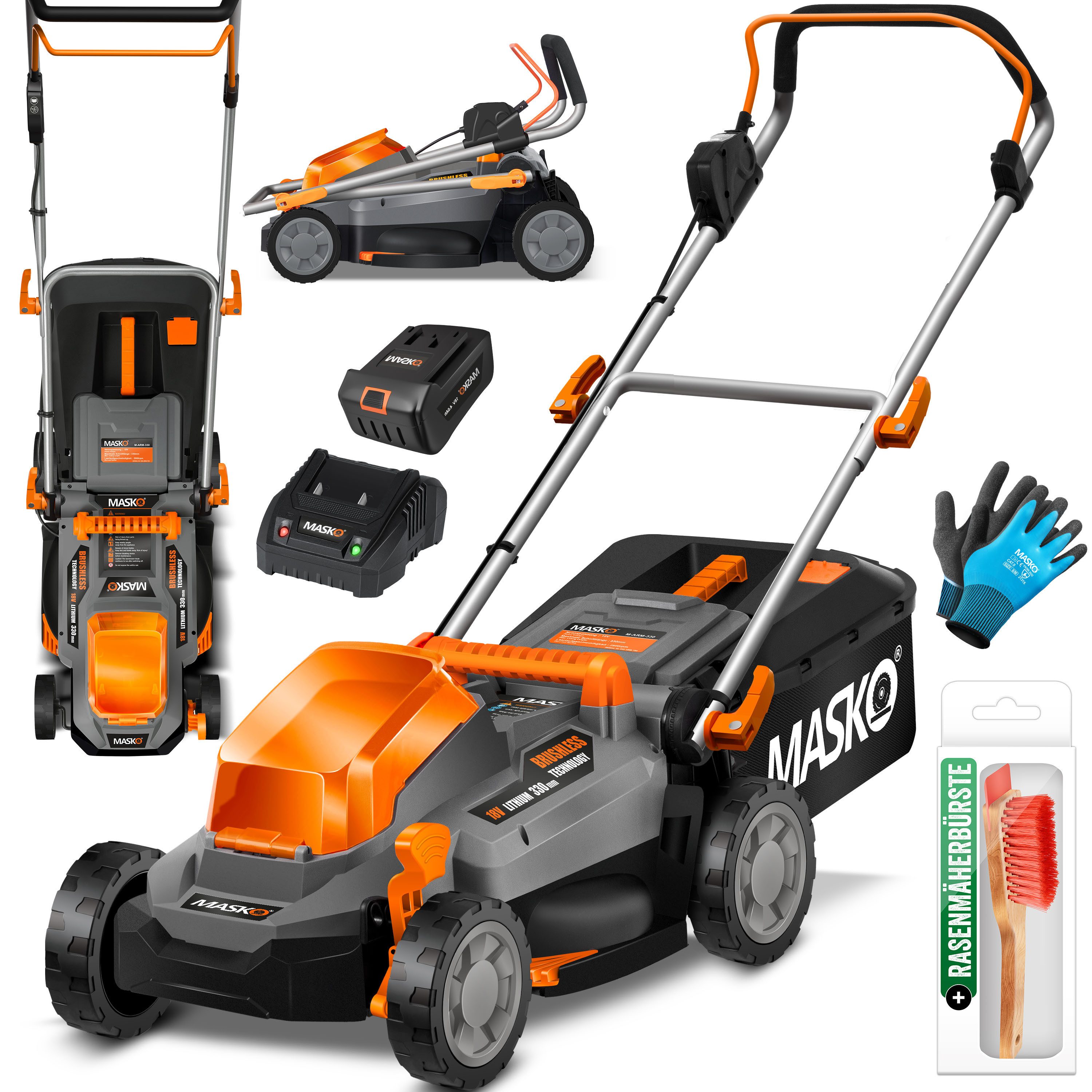 MASKO Akkurasenmäher ECO-X10 mit 33cm Schnittbreite, 30L Fangkorb, 4,0Ah Akku & Ladegerät, mit Mulchfunktion, 6 Schnitthöhen einstellbar & verstellbare Griffhöhe