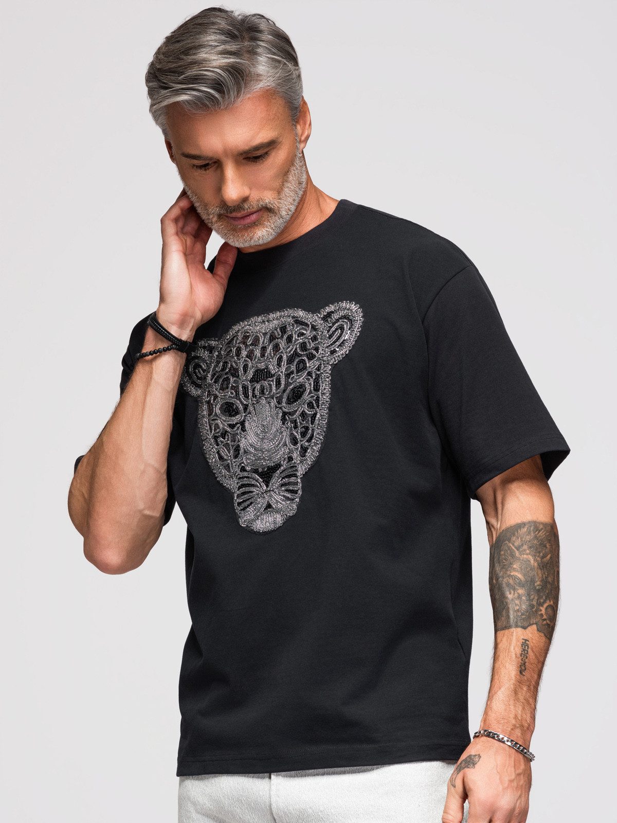 OMBRE Print-Shirt Herren Loose Fit T-Shirt mit Tiermotiv Schwarz L (kein Set, 1-tlg) Tierische Bestandteile