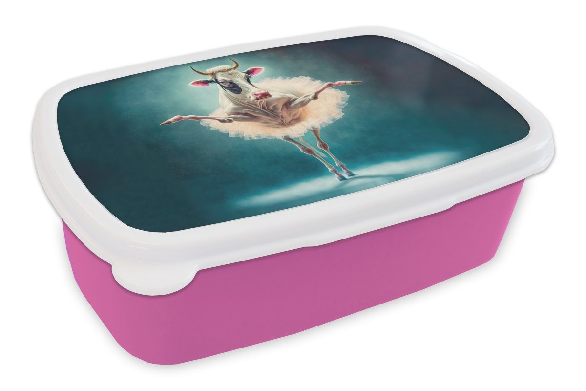 Kuh Ballett Tiere Porträt Kunststoff, (2-tlg), - MuchoWow Rock - - für Lunchbox Kinder, Brotbox - rosa Erwachsene, Kinder, - Brotdose Mädchen, Snackbox, Kunststoff