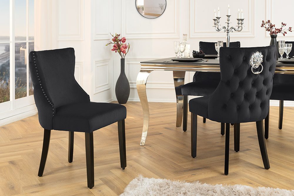 riess-ambiente Esszimmerstuhl CASTLE DELUXE schwarz - Samt, Holzbeine, Löwenkopf-Griff (Einzelartikel, 1 St), glamouröser Stuhl mit Nieten - ideal für Deinen Barock-Look