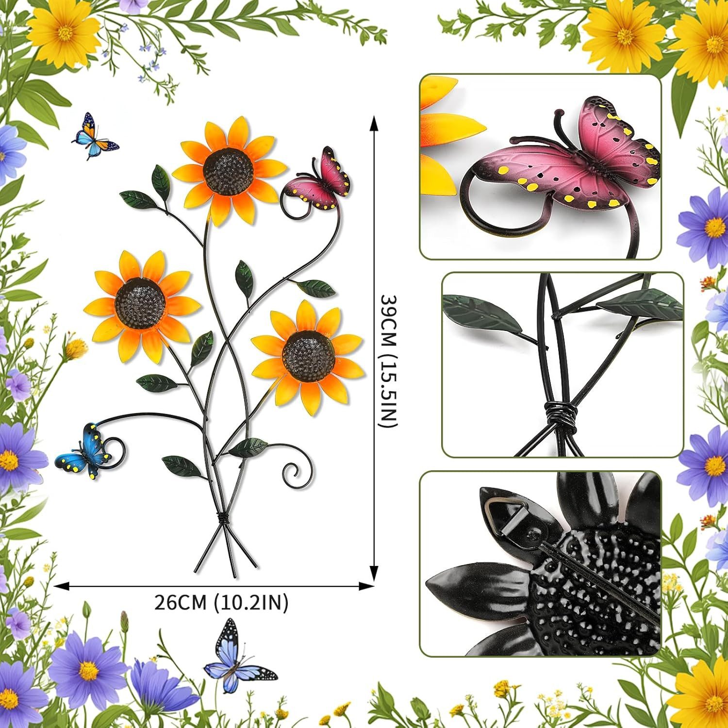 Agger Wanddekoobjekt Metall Blumen Wanddeko Wanddeko aus Metall mit Schmetterlingen (Floral Minimalist Line Art), für Wohnzimmer, Schlafzimmer,Outdoor, Garten F – Bild 2 von 5