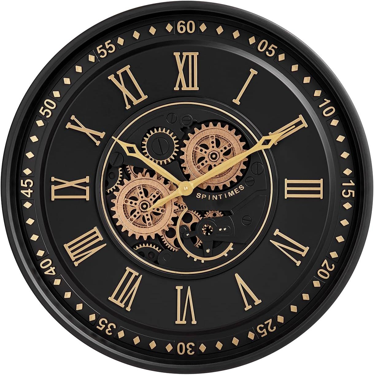 Samilito Wanduhr 60 cm mit beweglichen Zahnrädern und leisem Quarzwerk, Wohnzimmer (Echtes Bewegungsgetriebe, separater Zahnradantrieb, leises Uhrwerk)