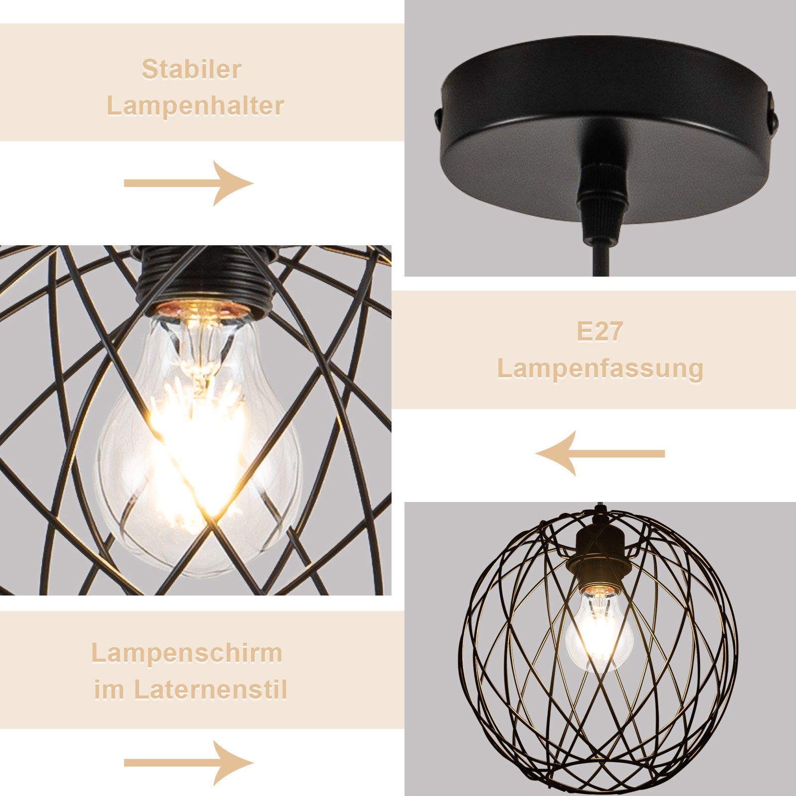 ZMH Pendelleuchte Esszimmer 120CM Schwarz Retro Käfig Gitter E27 Hängeleuchte Flur, ohne Leuchtmittel, Rund, 1 Flammig Retro Esstischlampe Wohnzimmer Treppenhau – Bild 4 von 5