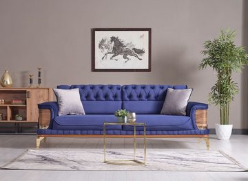 Casa Padrino Schlafsofa Luxus Schlafsofa Blau / Braun / Gold 232 x 92 x H. 85 cm - Wohnzimmer Sofa mit 2 Kissen - Luxus Wohnzimmer Möbel