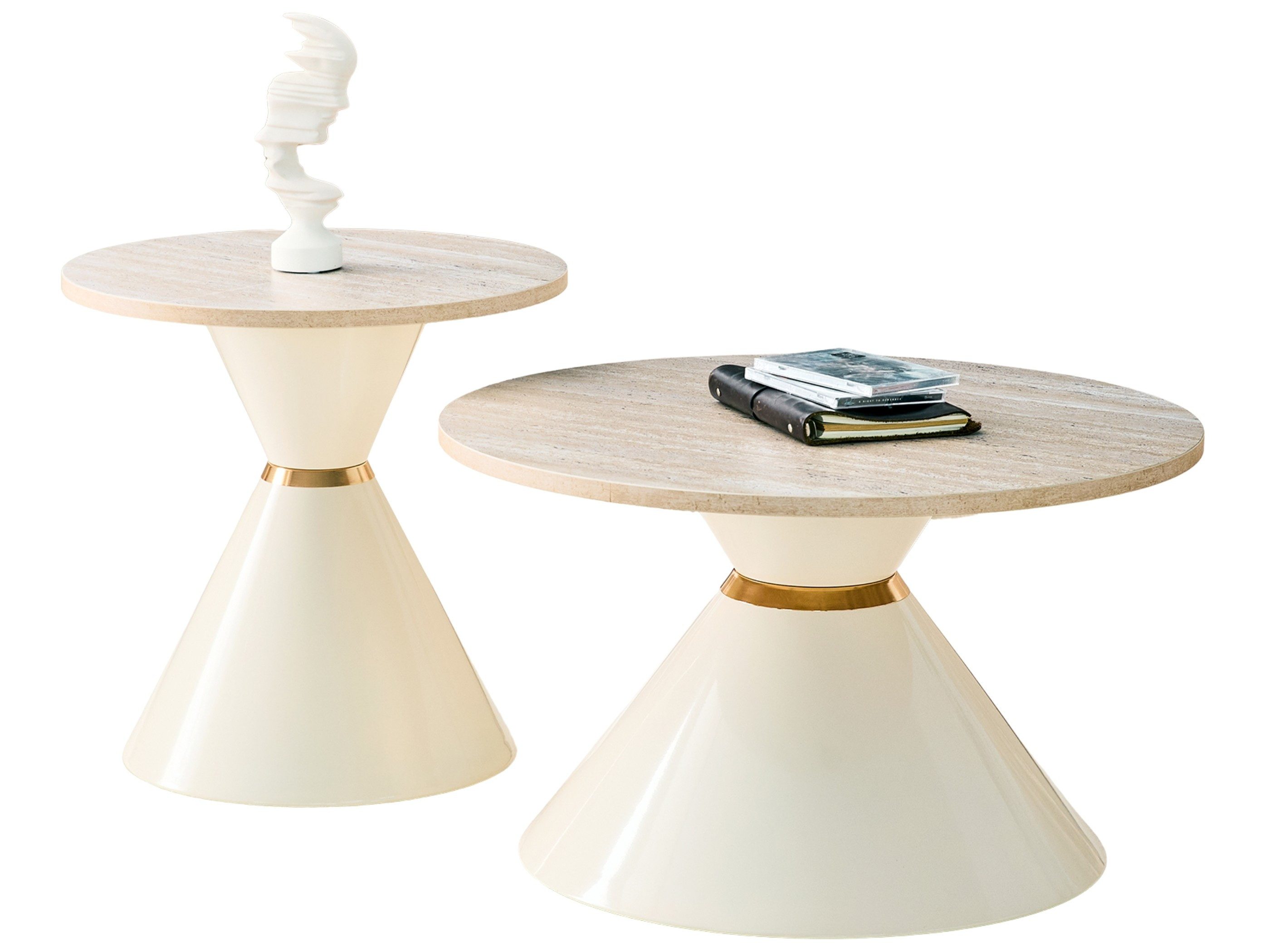 SeedWave Couchtisch 2er Set runde Sofatische mit Dekorplatten und konischem Metallsockel (2-teilig, 2 Tische), Wohnzimmertische mit Goldring, Schutzpads und Stellschrauben