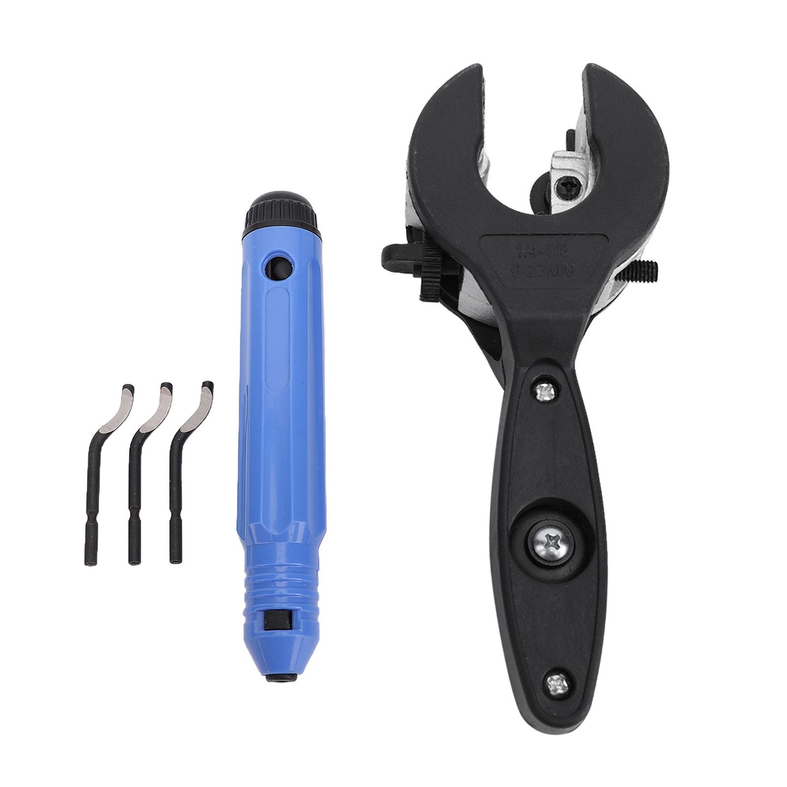 GARRYFIZH Rohrschneider 6-23 mm schwarzer Ratschen-Rohrschneider mit Rohrendenabschneider, Der Griff wird mit 4 austauschbaren Klingen geliefert