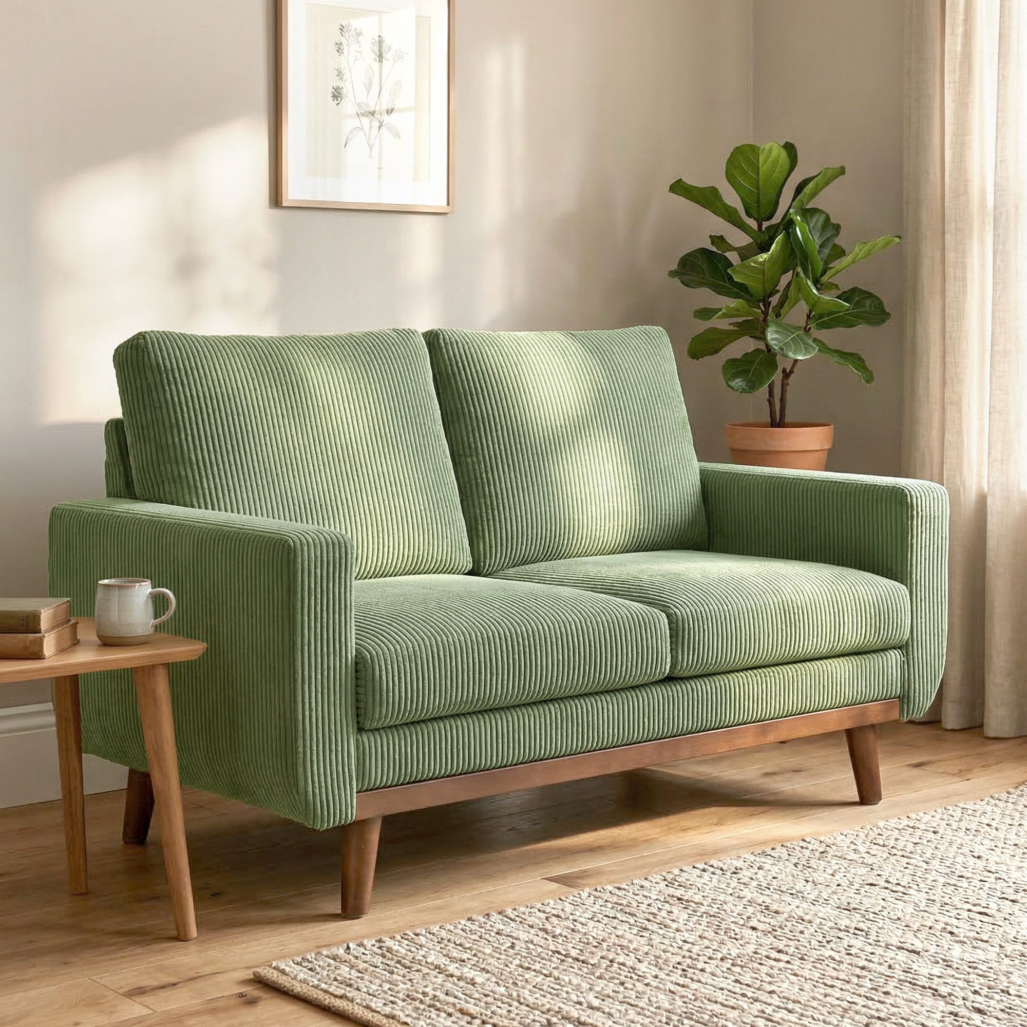 HOMCOM 2-Sitzer Sofa 134 cm Couch mit dicker Rückenlehne, Armlehne, bequem, Grün, 2-Sitzer Sofa 1 Teile, Kompaktes Retro Cordsofa mit Holzlatten und Taschenfedern