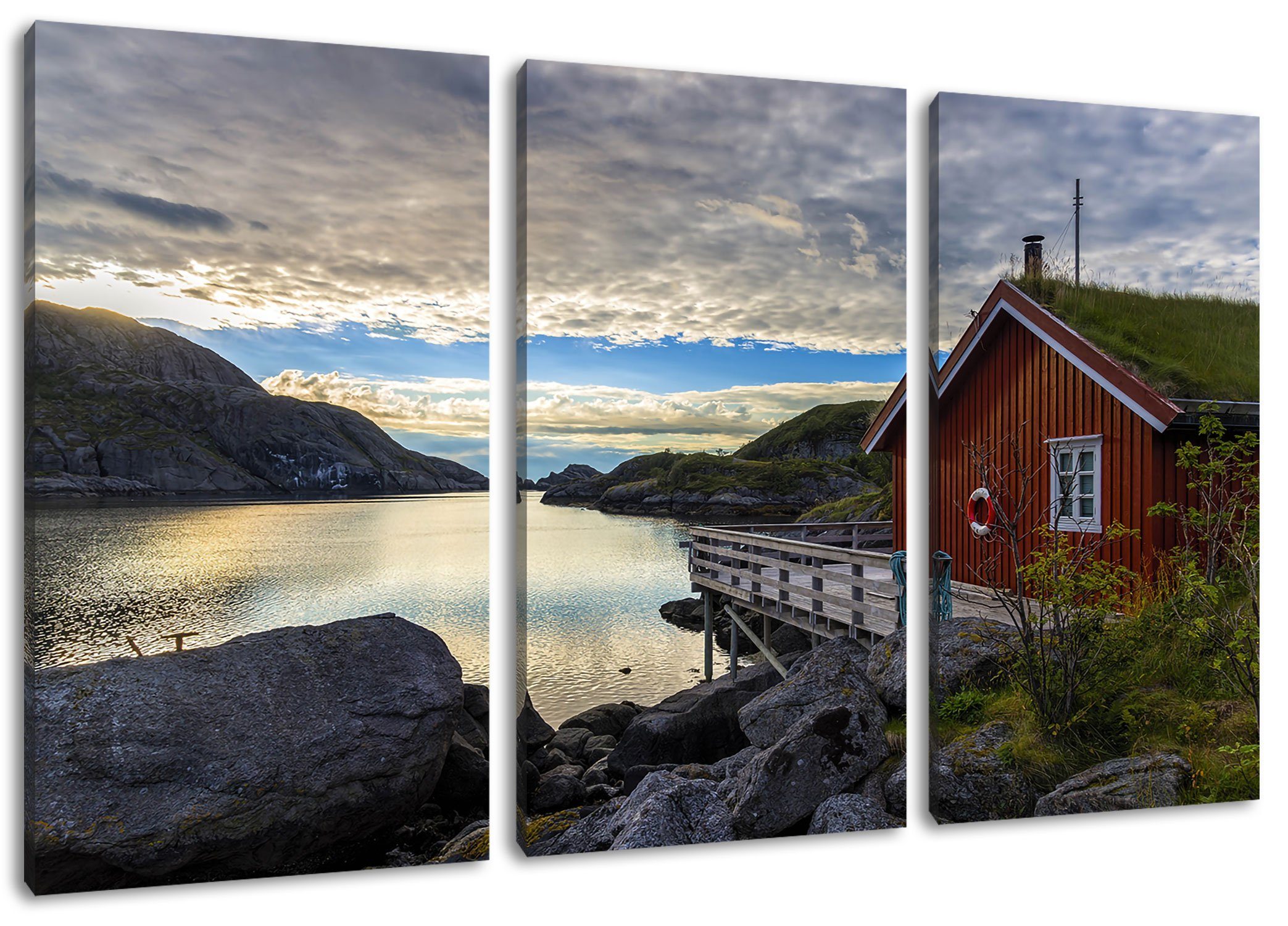 Sonnenaufgang (120x80cm) bespannt, Pixxprint 3Teiler Norwegens, Fjord Fjord Norwegens inkl. am St), fertig Leinwandbild (1 am Zackenaufhänger Sonnenaufgang Leinwandbild