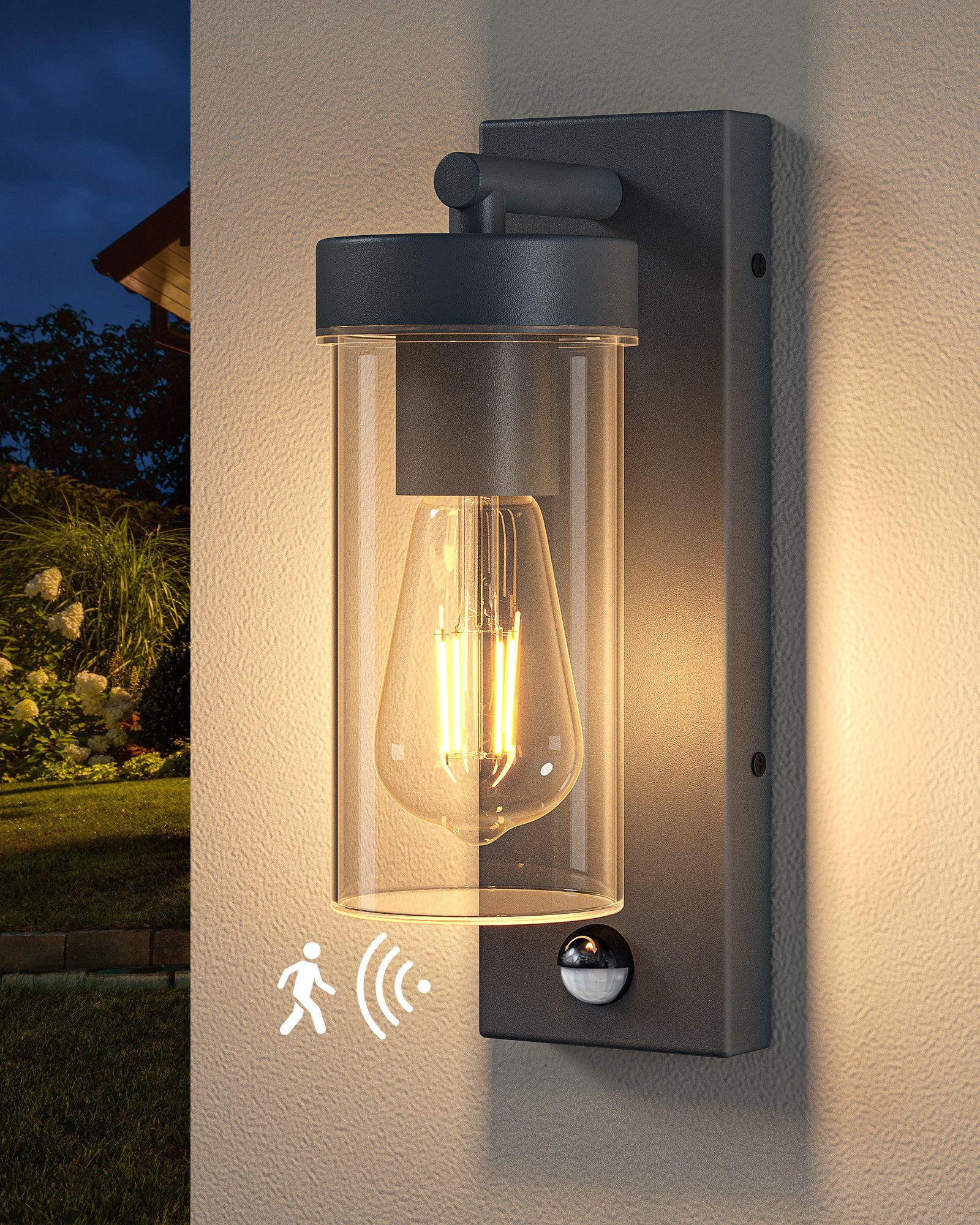 EDISHINE Außen-Wandleuchte mit Bewegungsmelder, ohne Leuchtmittel, Moderne Wandlampe mit Dämmerungssensor, für Haustür, Terrasse, Garage