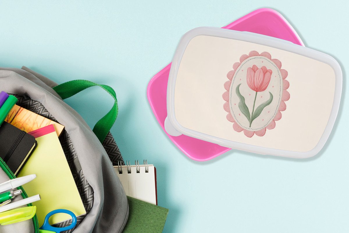 MuchoWow Lunchbox Tulpe - Rahmen - Oval - Illustration, Kunststoff, (2-tlg), Brotdosen, Lunch Box, Brotbox für Kinder und Erwachsene