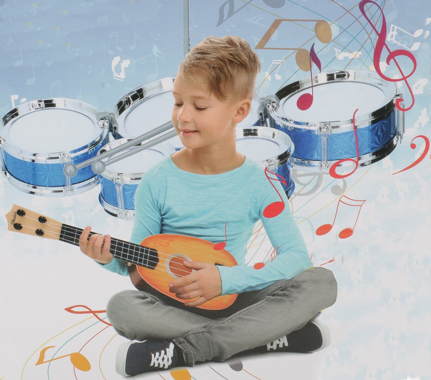 Bubble-Store Kinderschlagzeug Kinder Drum-Set mit Ukulele, Schlagzeug  Drumset 5 Trommeln 2 Sticks Trommelständer