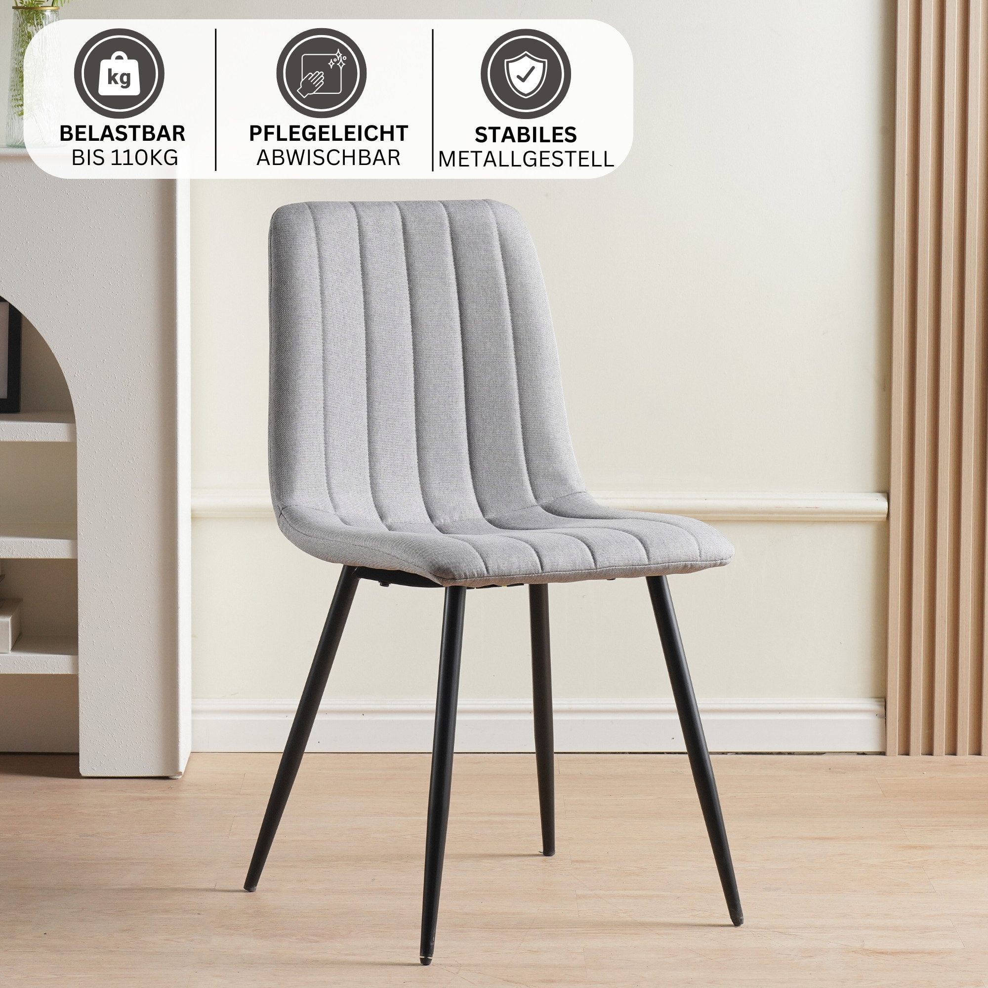 Albatros International Esszimmerstuhl Esszimmer Stühle 4 er Set GARDA, Stuhl Stühle Esszimmerstühle, Küche (4er Set, Grau, Stoff Bezug), Küchenstuhl Küchenstühle Essstühle für den Esstisch Ess Stühle