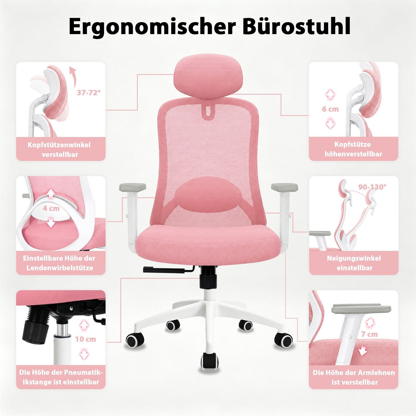 Milacyee Bürostuhl Chefsessel Wippfunktion 200kg belastbar ergonomisch,Bürostuhl (Verstellbare und feststellbare Lendenstütze + Kopfstütze + höhenverstellbare Armlehnen), maximale Neigung bis 130°.