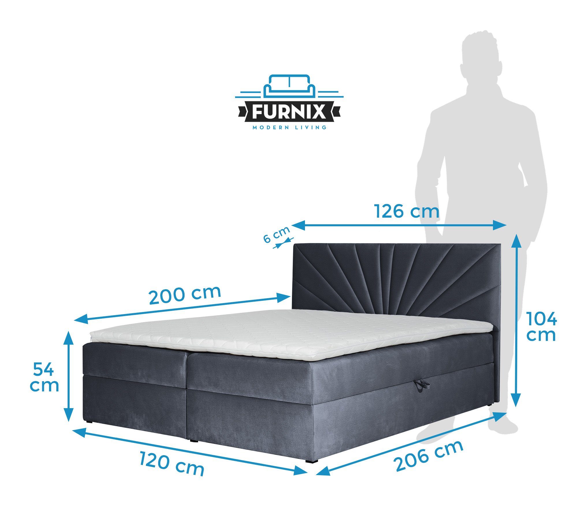 4 hochwertige Grau mit TREZO Furnix Boxspringbett Bettkasten Polsterstoffe cm tiefen 120/140/160/180/200x200 Topper, und