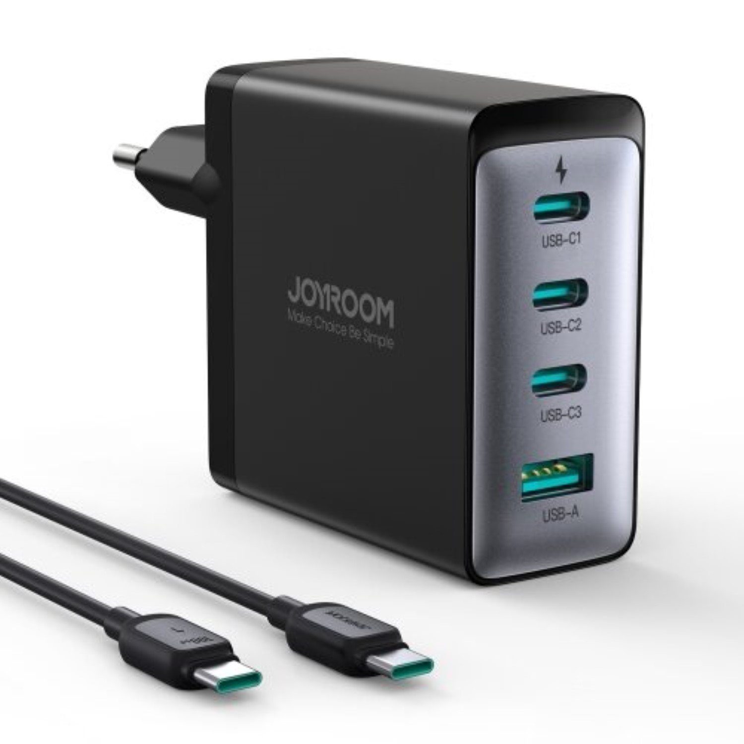 JOYROOM 100W GaN-Ladegerät 3x USB-C USB-A + USB-C USB-C-Kabel 100W - Schwarz Schnelllade-Gerät (2-tlg)