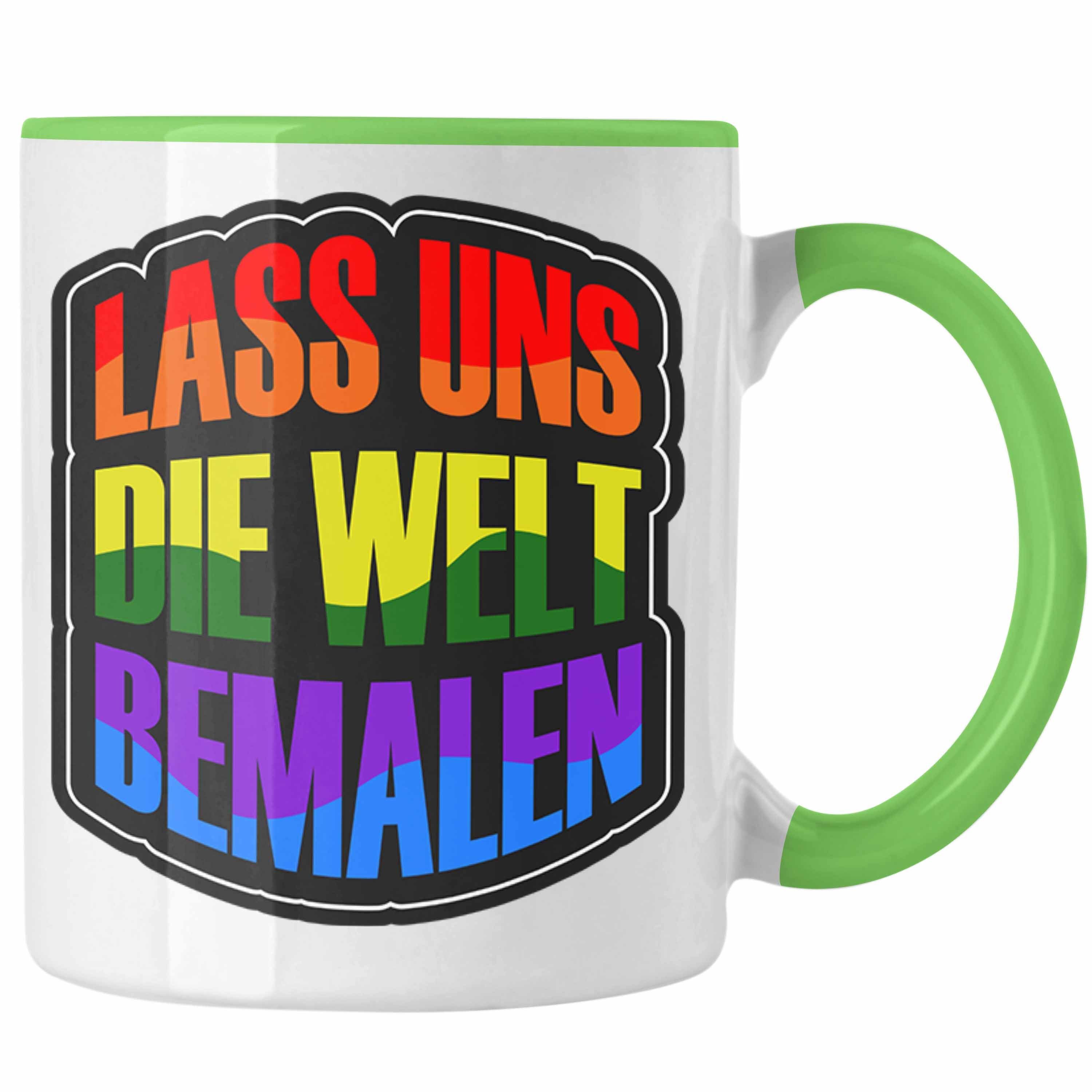 Trendation Tasse Geschenkidee LGBT Tasse "Lass uns die Welt Bemalen" Regenbogenfarben Grün