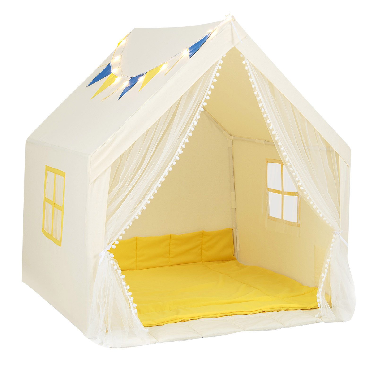 KOMFOTTEU Spielzelt Kinderzelt mit Matte, Sternlichtern, Fenster & Gazevorhang, 122 ×105 ×125 cm