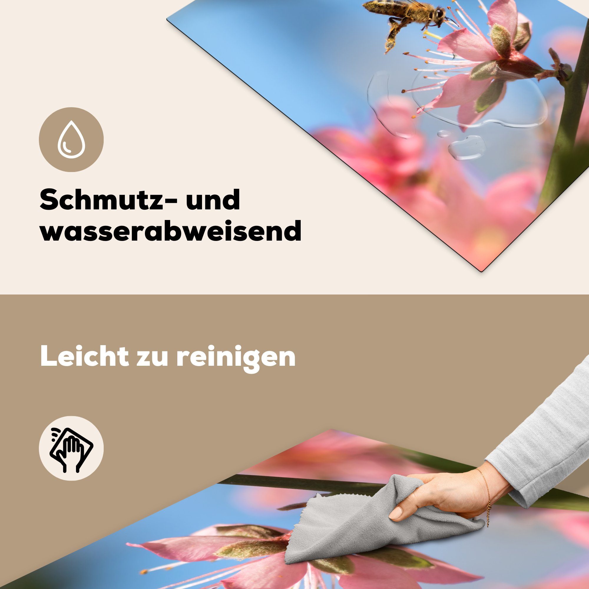 Blume Rosa, für - Vinyl, Biene - die tlg), (1 Ceranfeldabdeckung Induktionskochfeld küche, Schutz Herdblende-/Abdeckplatte 81x52 cm, MuchoWow
