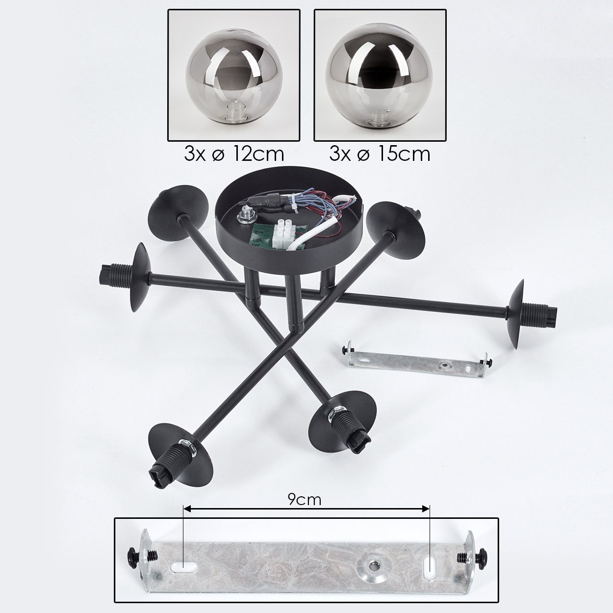 hofstein Deckenleuchte Deckenlampe aus Metall/Glas in Schwarz/Rauchfarben, ohne Leuchtmittel, Leuchte mit Glasschirmen (12 cm, 15 cm), 6 x G9, ohne Leuchtmittel – Bild 5 von 5