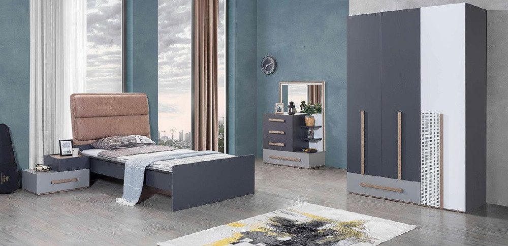 Komplettschlafzimmer Graues Jugendzimmer Set mit Bett, Nachttisch und Kleiderschrank