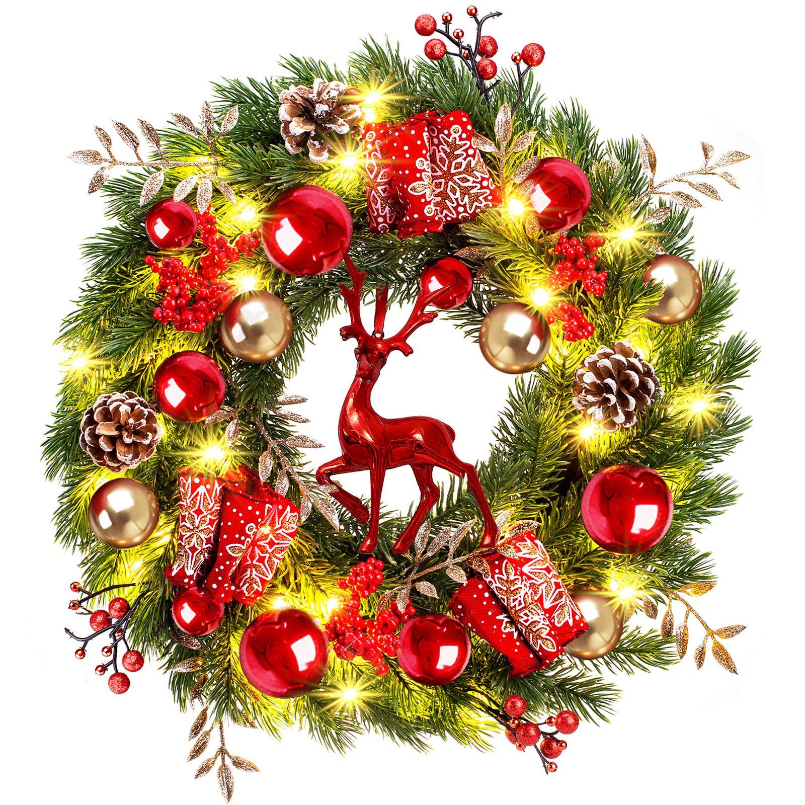 Kunstkranz weihnachtsdeko 40cm türkranz weihnachten adventskranz mit Timer 8 Modi, Quntis, Weihnachtsgirlande, Weihnachtskranz für Wohnzimmer Dekoration Batterie