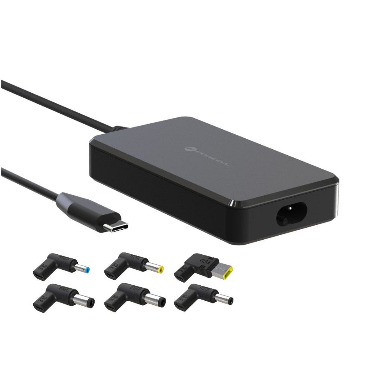 Forcell E856 Laptop-Ladegerät (4500 mA, 6 Adapter, festes USB-C-Kabel, Netzanschlusskabel, Power Delivery, 6 Adapter, 90 W, kompakt)