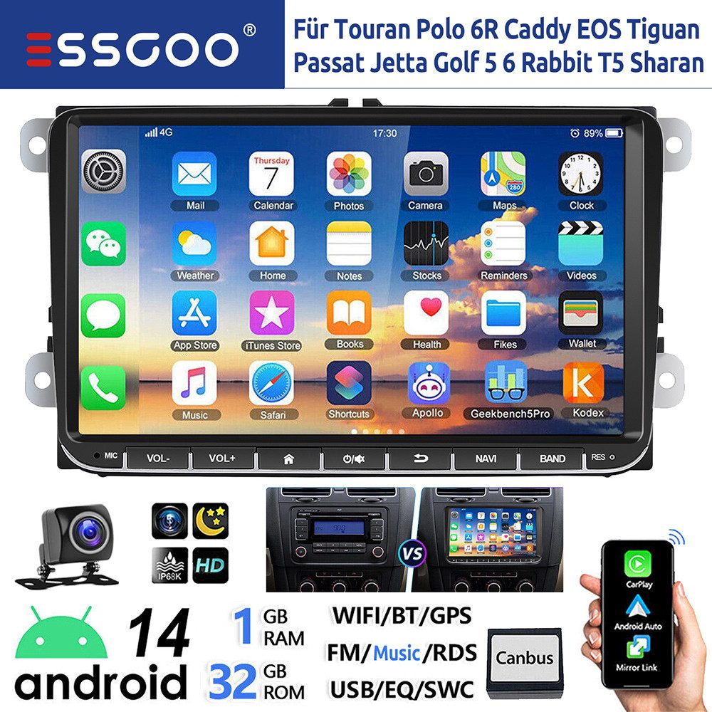 ESSGOO 9" Android 14 Carplay Für VW GOLF 5 6 Passat Caddy Touran EOS Polo 6R Autoradio (DAB+ (optional), FM, RDS, Android Auto GPS Navi WIFI FM Bluetooth RDS Touchscreen USB EQ)