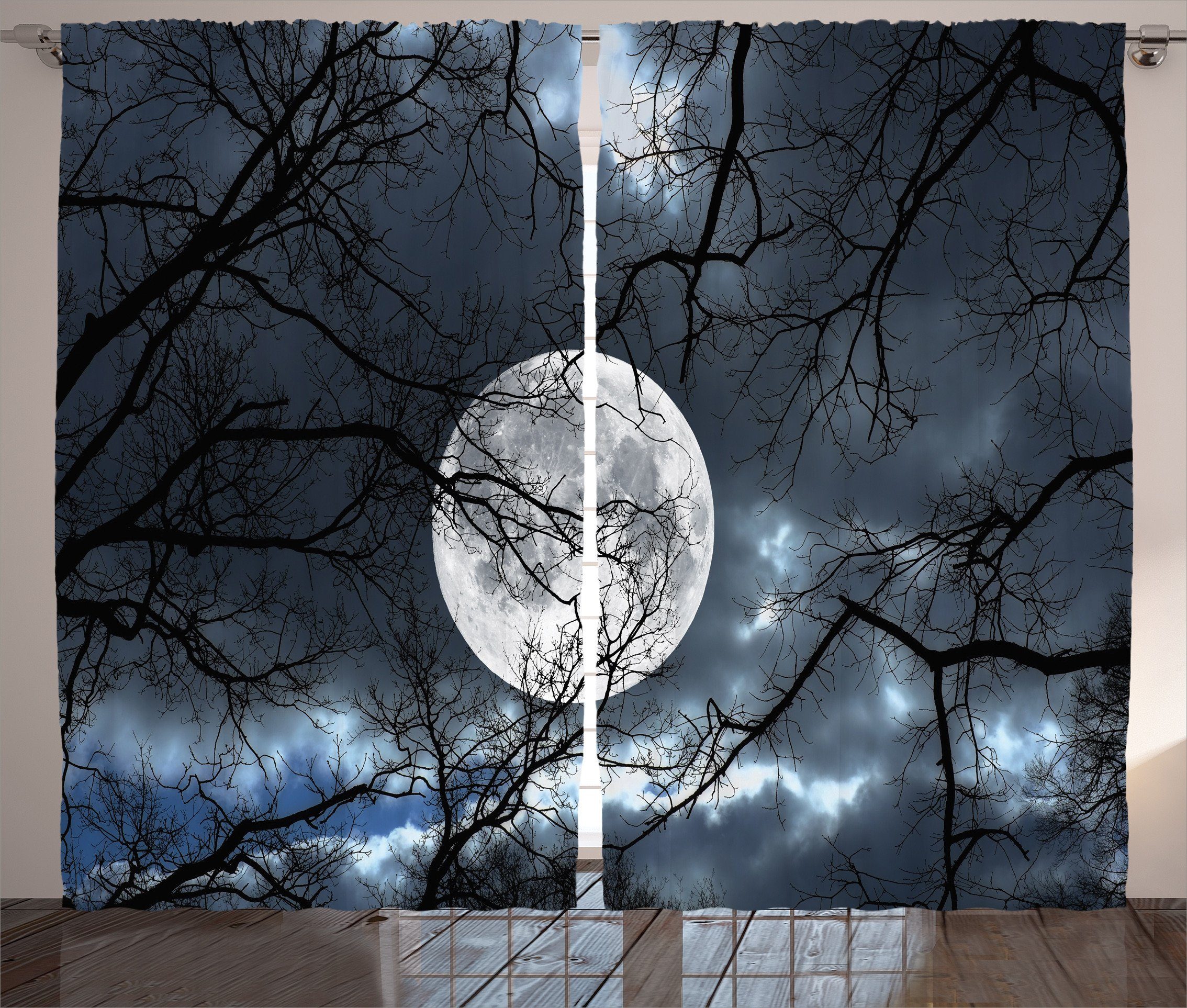 Gardine Schlafzimmer Kräuselband Vorhang mit Schlaufen und Haken, Abakuhaus, Winter Mond in der Nacht in Wald