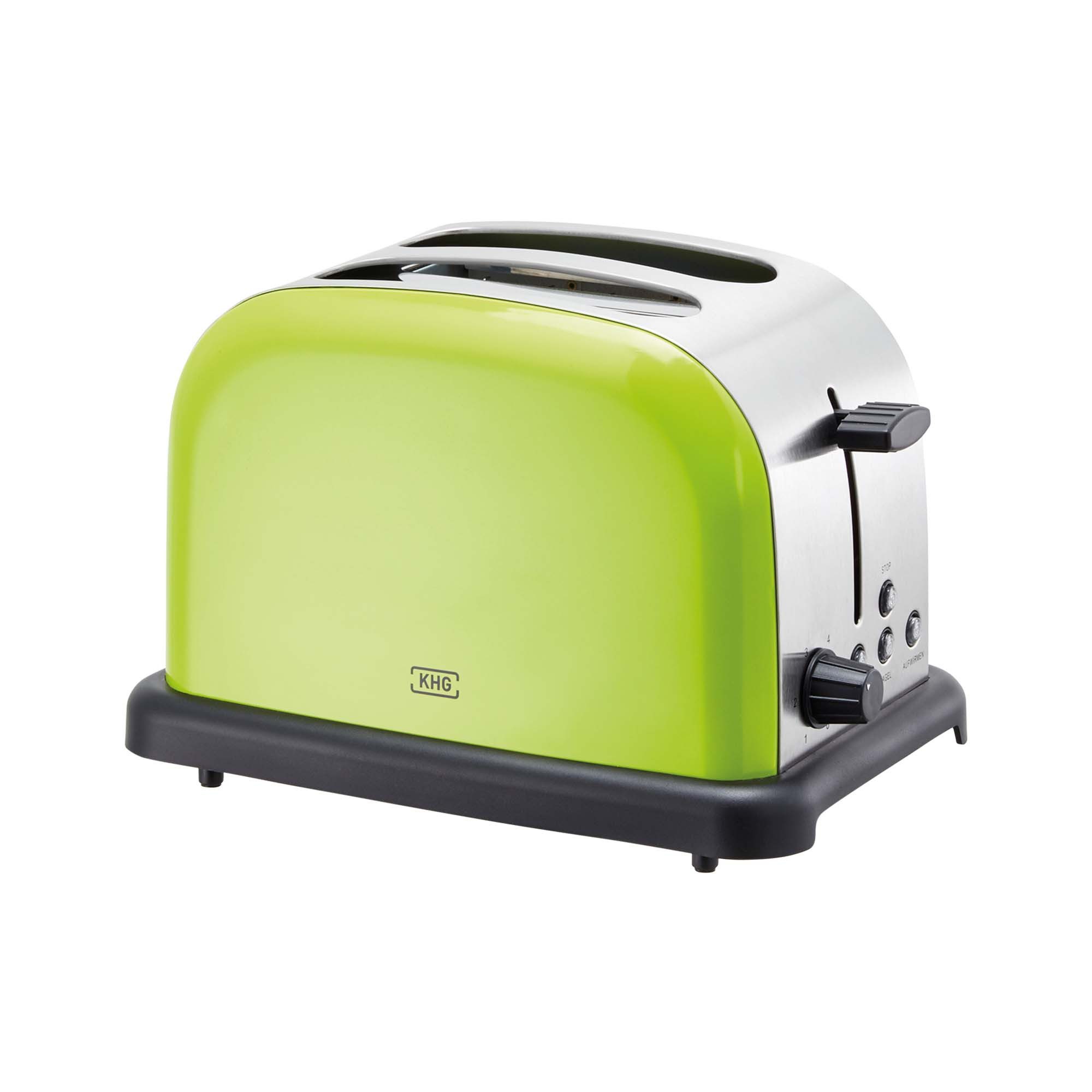 KHG Toaster Edelstahl, Auftau- und Aufwärmfunktion, 6 Bräunungsstufen, 2 kurze Schlitze, für 2 Scheiben, 1000 W, Brötchenaufsatz, Krümelschublade, Bagel-Funktion