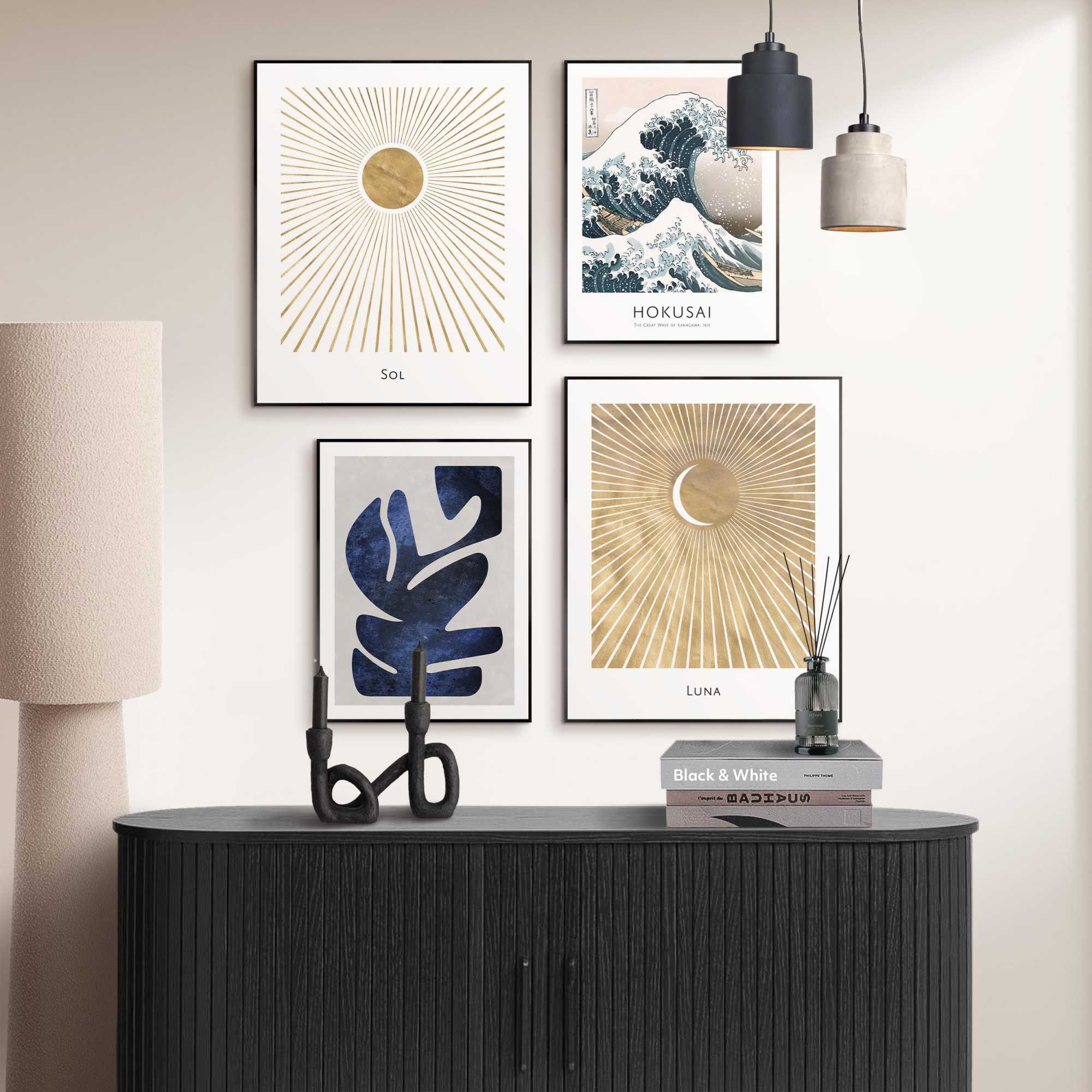 Reinders! Bild mit Rahmen Hokusai die große Welle gesetzt, Gemälde (4 St), Wohnzimmer - Blau - MDF - Berühmte Künstler - 40x50 cm